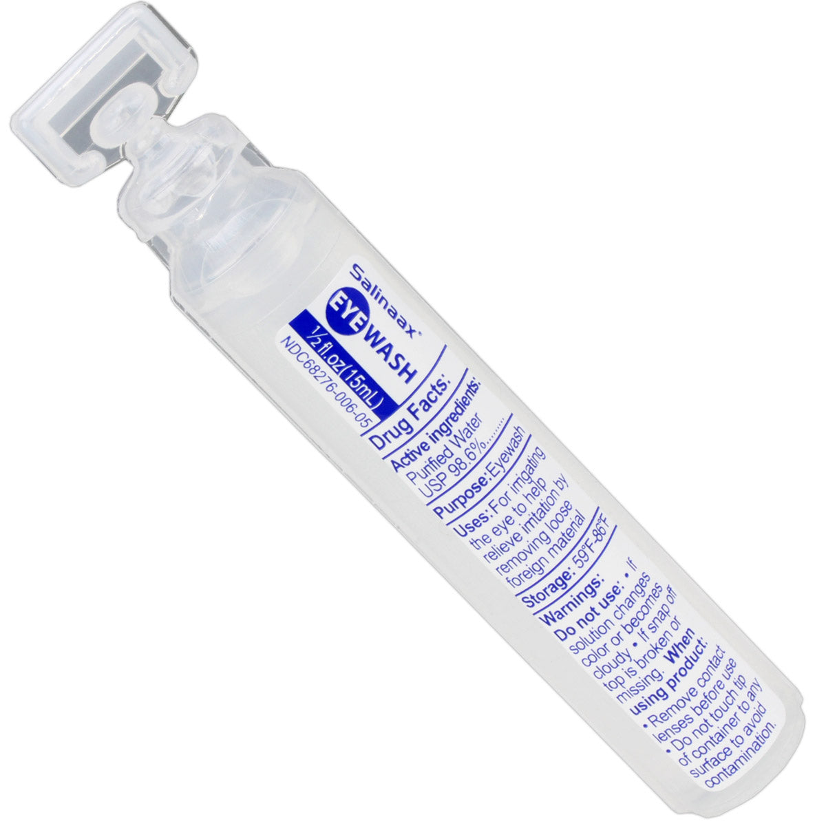 0.5 oz Eye Wash bottle for eye care, featuring clear liquid and a flip-top cap for easy dispensing.