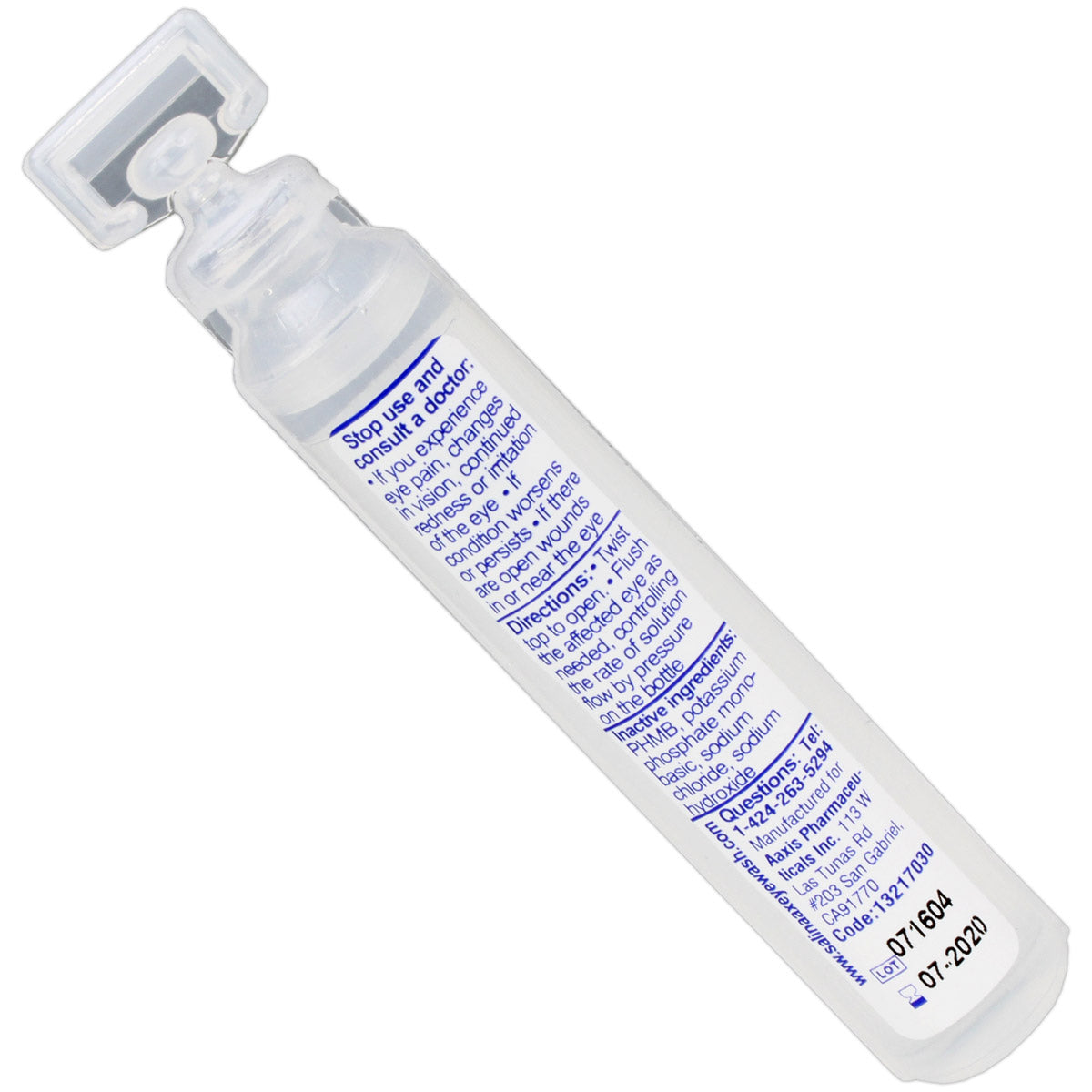 0.5 oz. eye wash bottle for eye care, featuring clear liquid and a convenient flip-top cap.