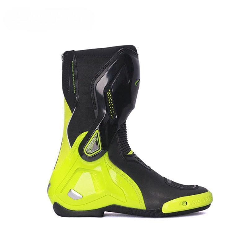 Bean's Moto Booth BENKIA™ titanium alloy motorcycle riding boots with reinforced ankle protection and rugged sole for safety.