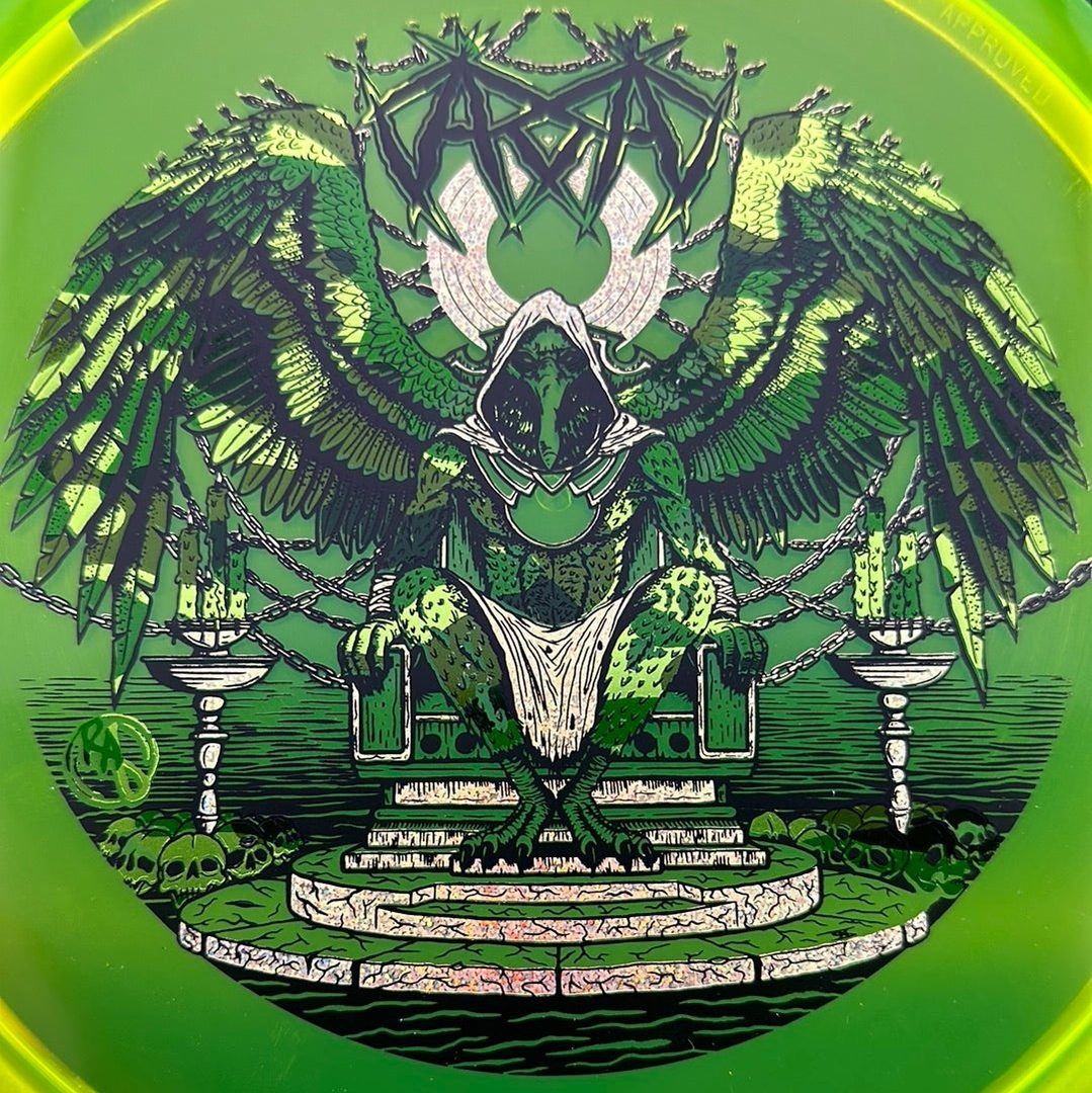 CryZtal Buzzz Karudi the Overseer disc golf disc by Rare Air Discs, featuring vibrant artwork on a clear crystal-style disc.