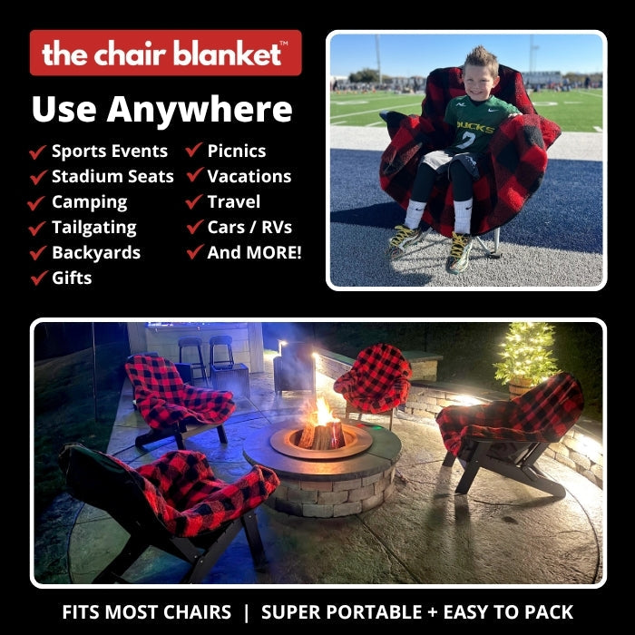 Red plaid City Bonfires Chair Blanket draped over a chair, showcasing its cozy, soft fabric and stylish plaid pattern for warmth and comfort.