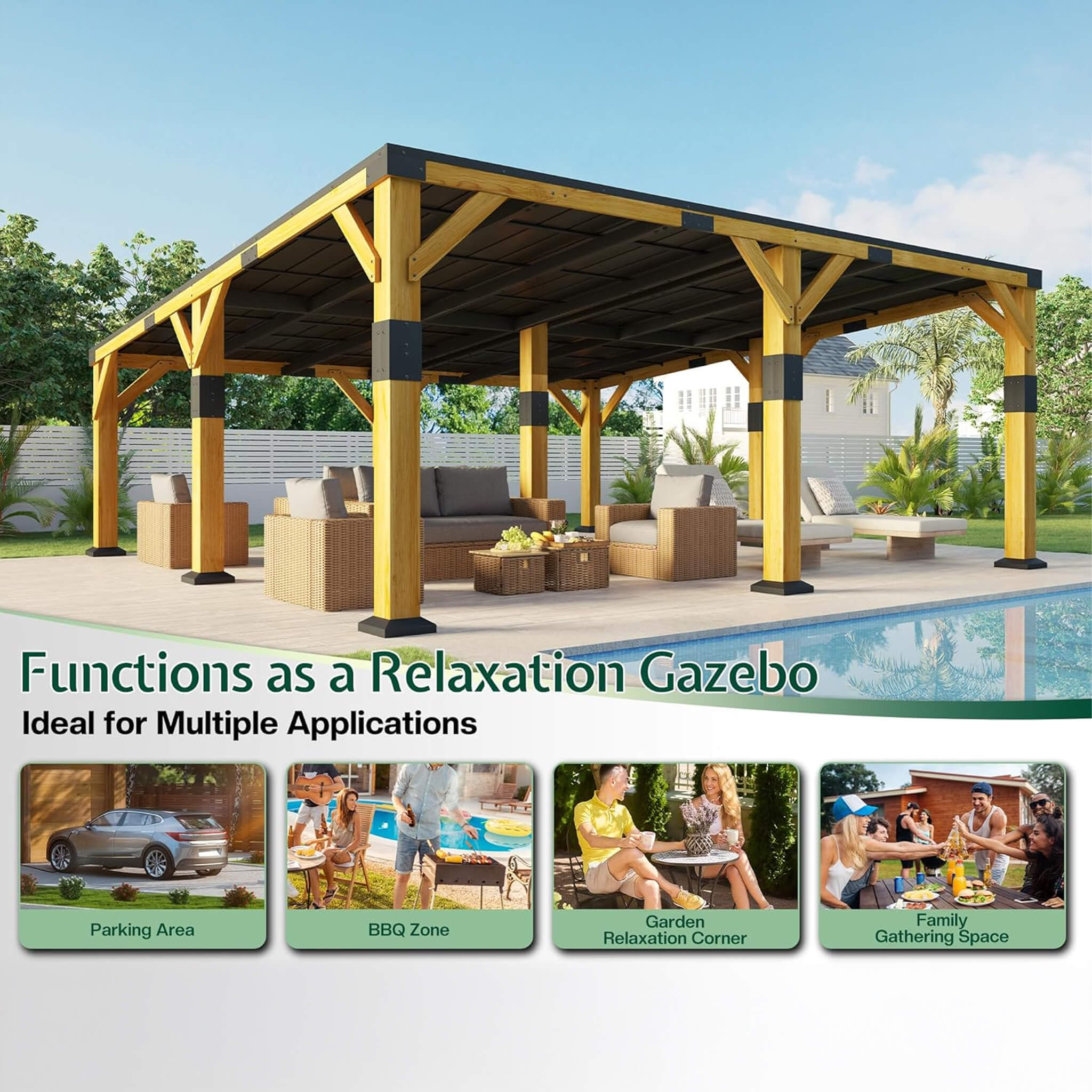 20x20ft Alora heavy-duty cedar wood carport with galvanized steel roof in an outdoor setting, suitable for all weather.