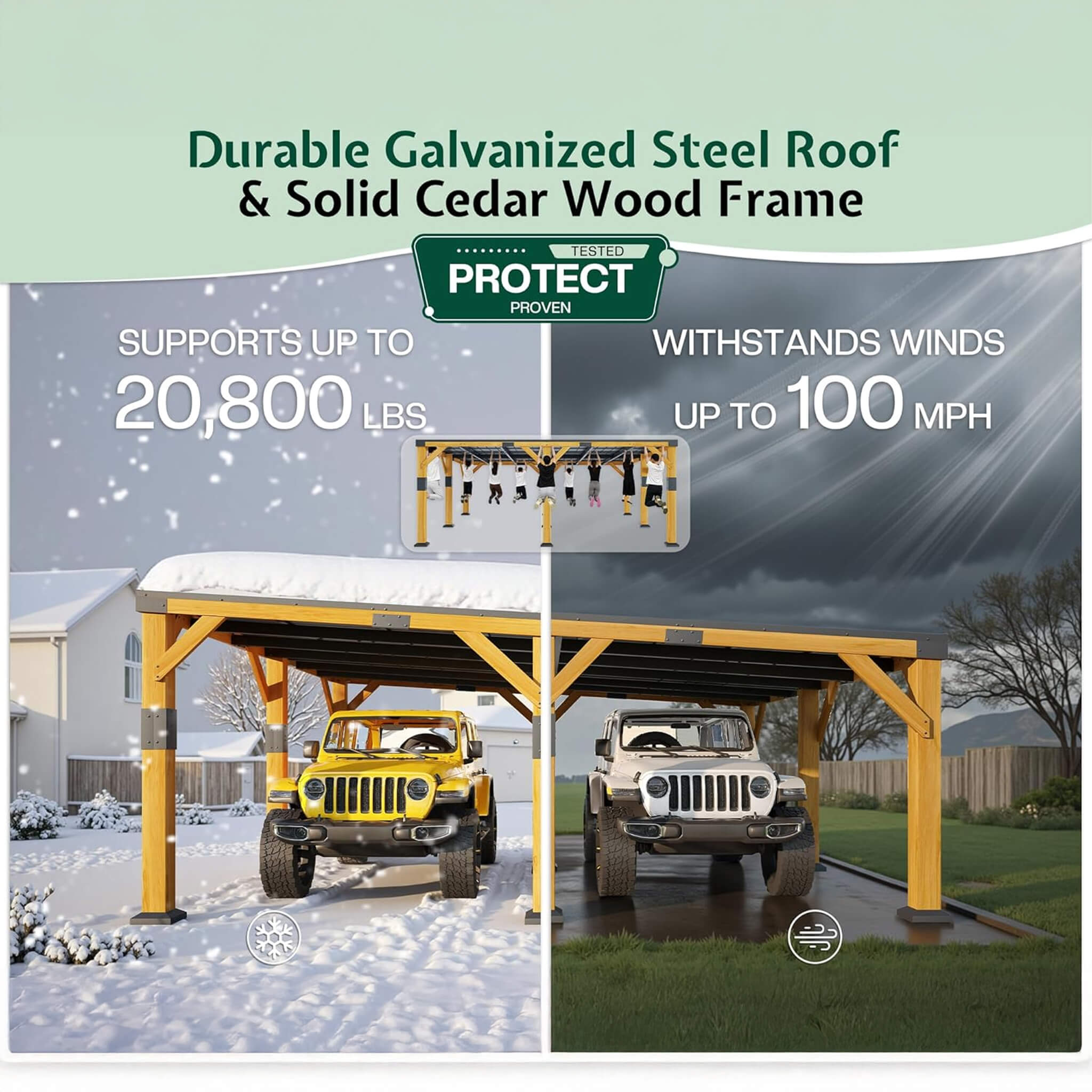20x20ft Alora heavy-duty outdoor cedar wood carport with galvanized steel roof in a scenic outdoor setting.