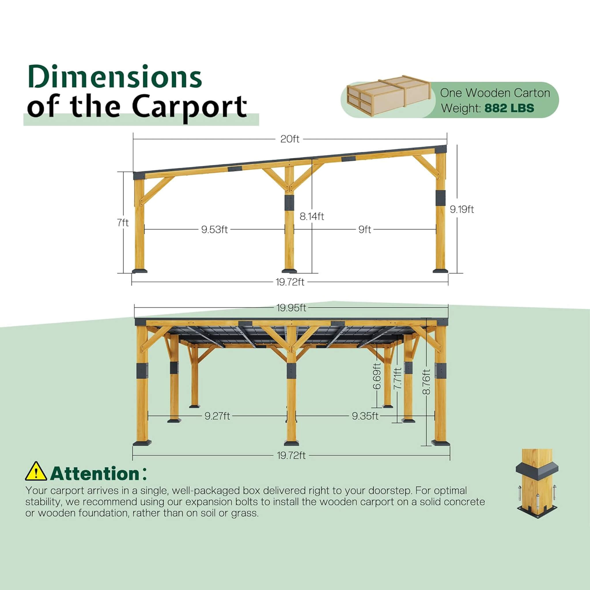 20x20ft Alora heavy-duty cedar wood carport with galvanized steel roof, designed for all-weather outdoor use.