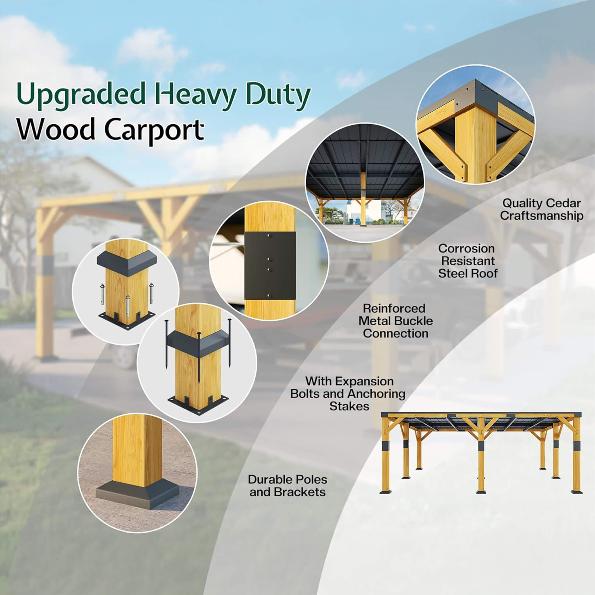 20x20ft Alora heavy-duty cedar wood carport with galvanized steel roof, showcasing all-weather durability and spacious design.