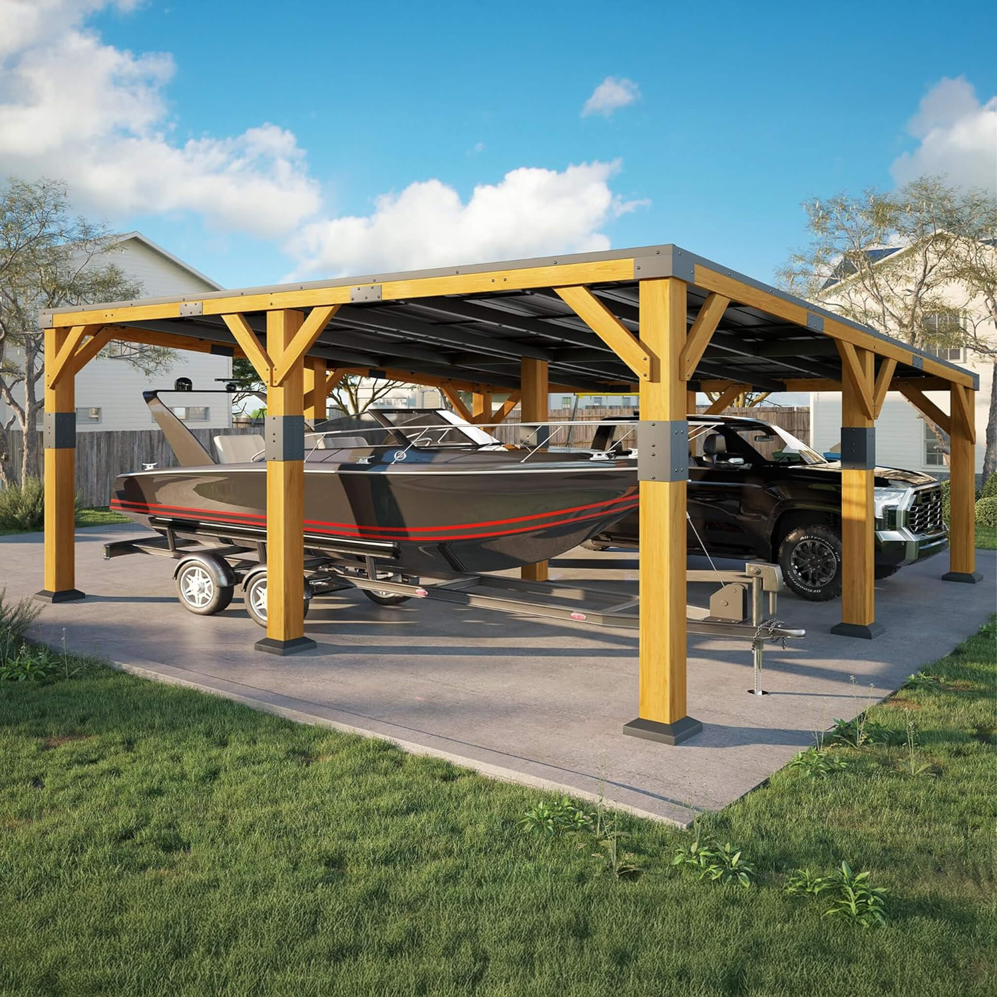 20x20ft Alora heavy-duty cedar wood carport with galvanized steel roof in a lifestyle corner view setting.