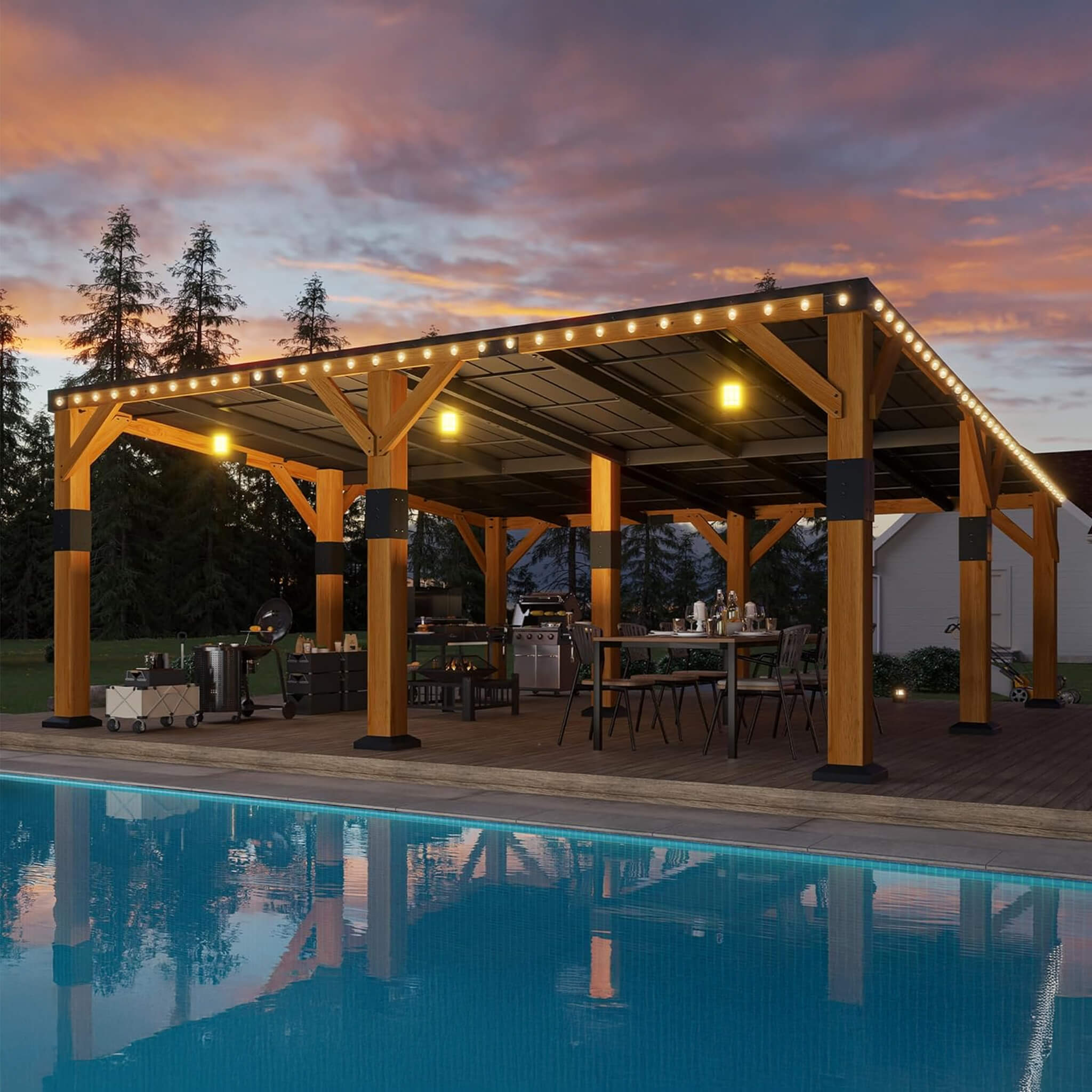 20x20ft Alora heavy-duty cedar wood carport with galvanized steel roof, showcased in a nighttime outdoor setting.