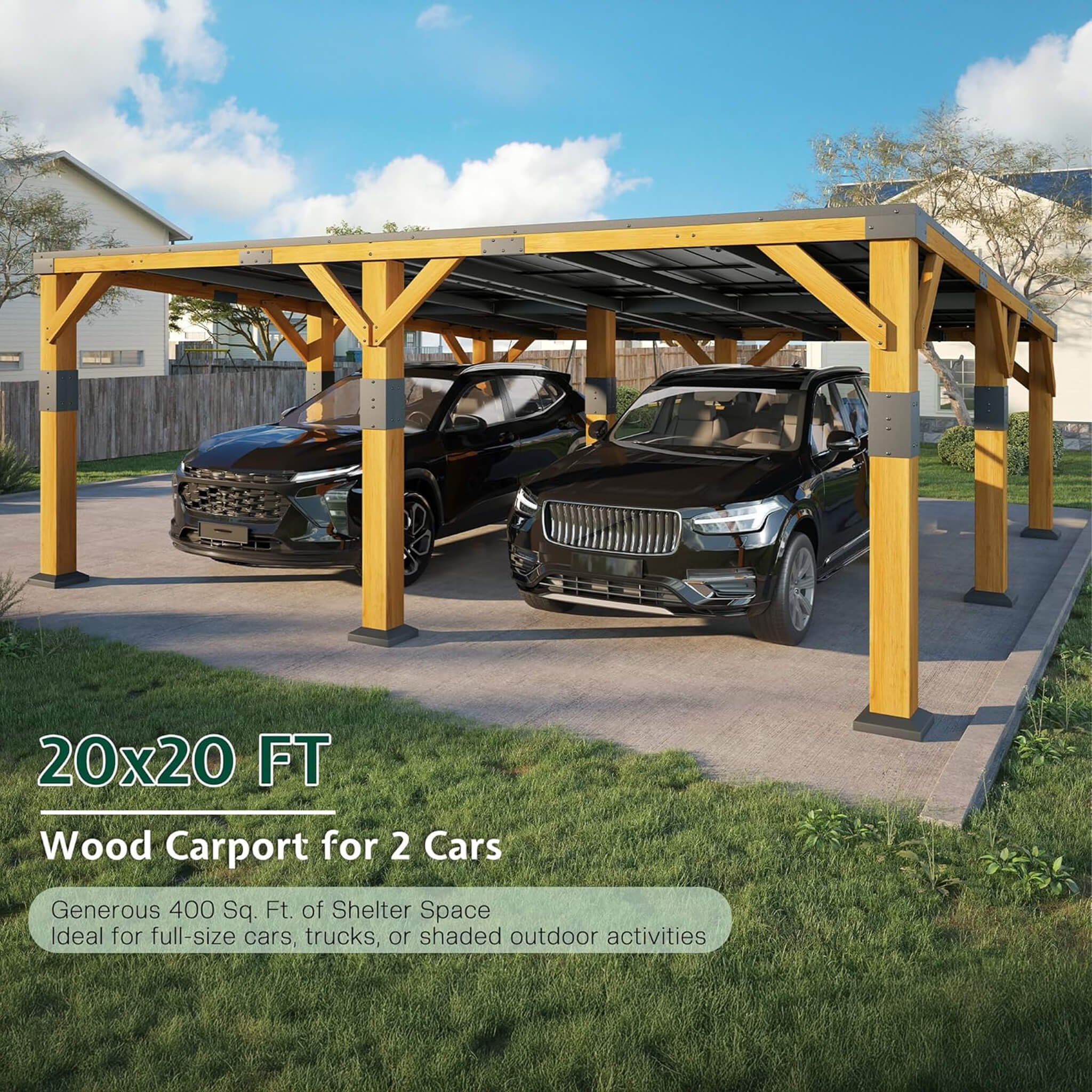 20x20ft Alora heavy-duty outdoor cedar wood carport with galvanized steel roof, showcasing robust construction and design.
