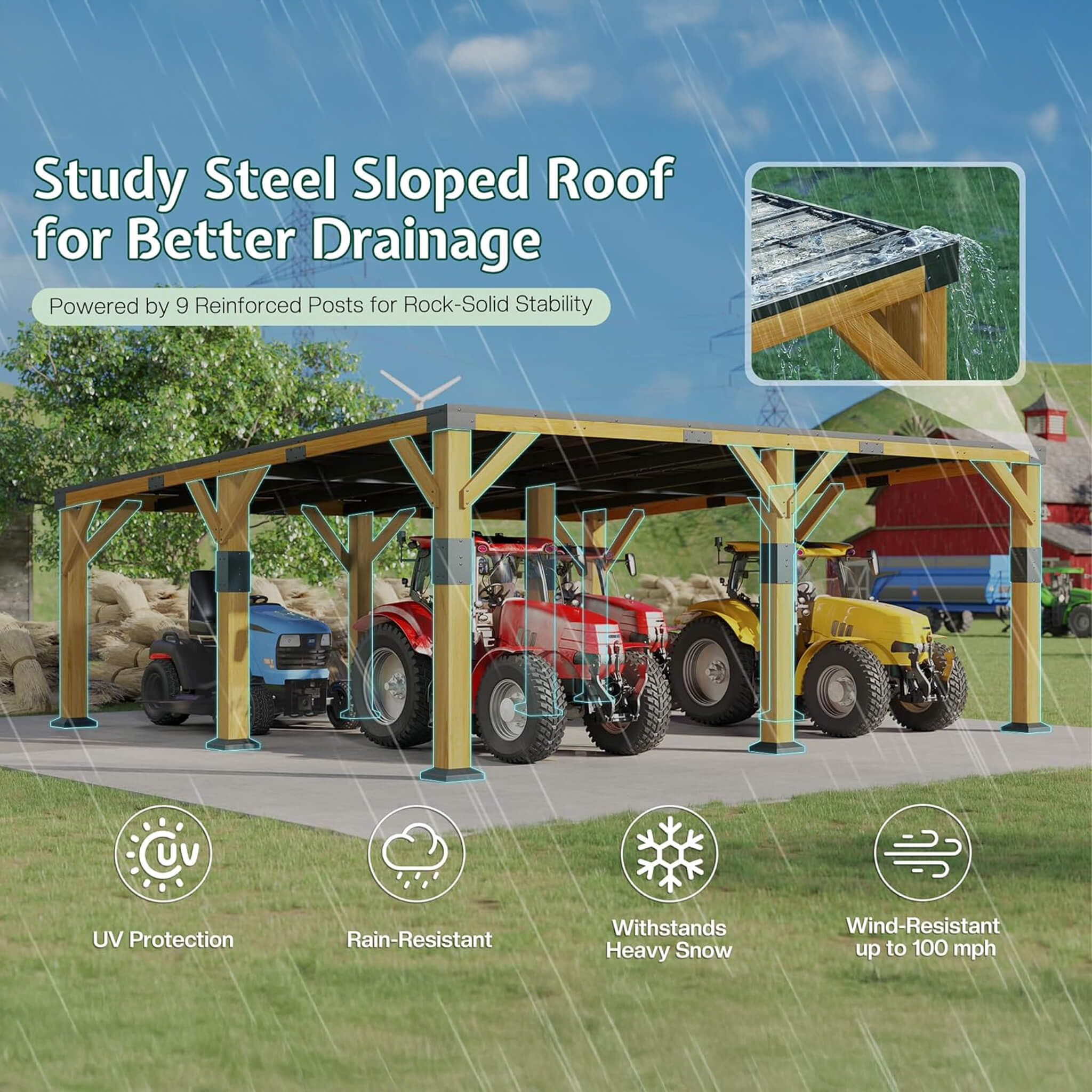 Heavy-duty 20x20ft Alora cedar wood carport with sloped galvanized steel roof, designed for all-weather outdoor use.