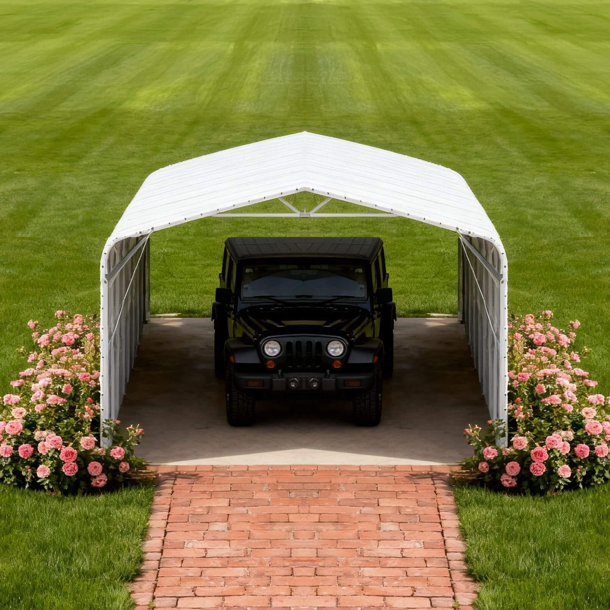 Heavy-duty outdoor galvanized steel carport measuring 20x30ft, set up in a front yard, by SAKSBY WHOLESALE.