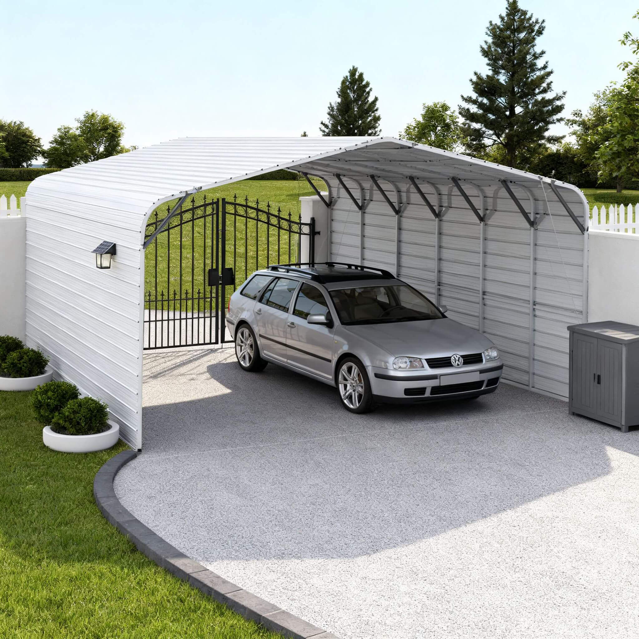 Heavy-duty 20x30ft galvanized steel outdoor carport by SAKSBY WHOLESALE, providing durable shelter for vehicles.