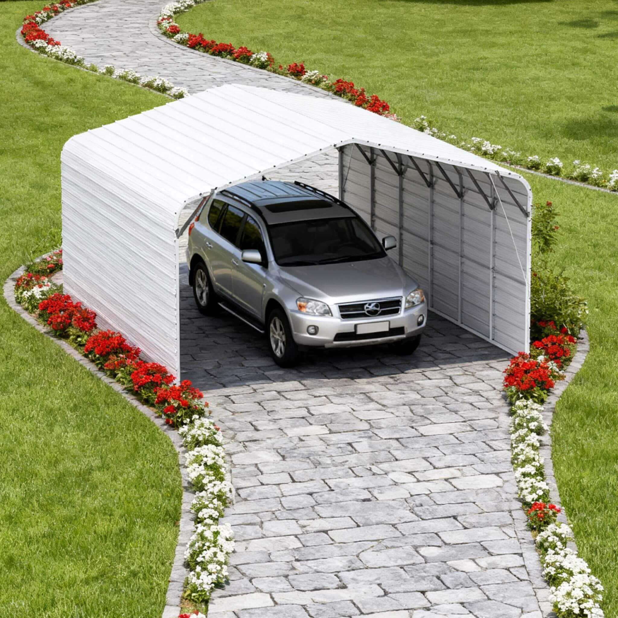 Heavy-duty outdoor galvanized steel carport measuring 20x30 feet, installed for outdoor vehicle protection by SAKSBY WHOLESALE.