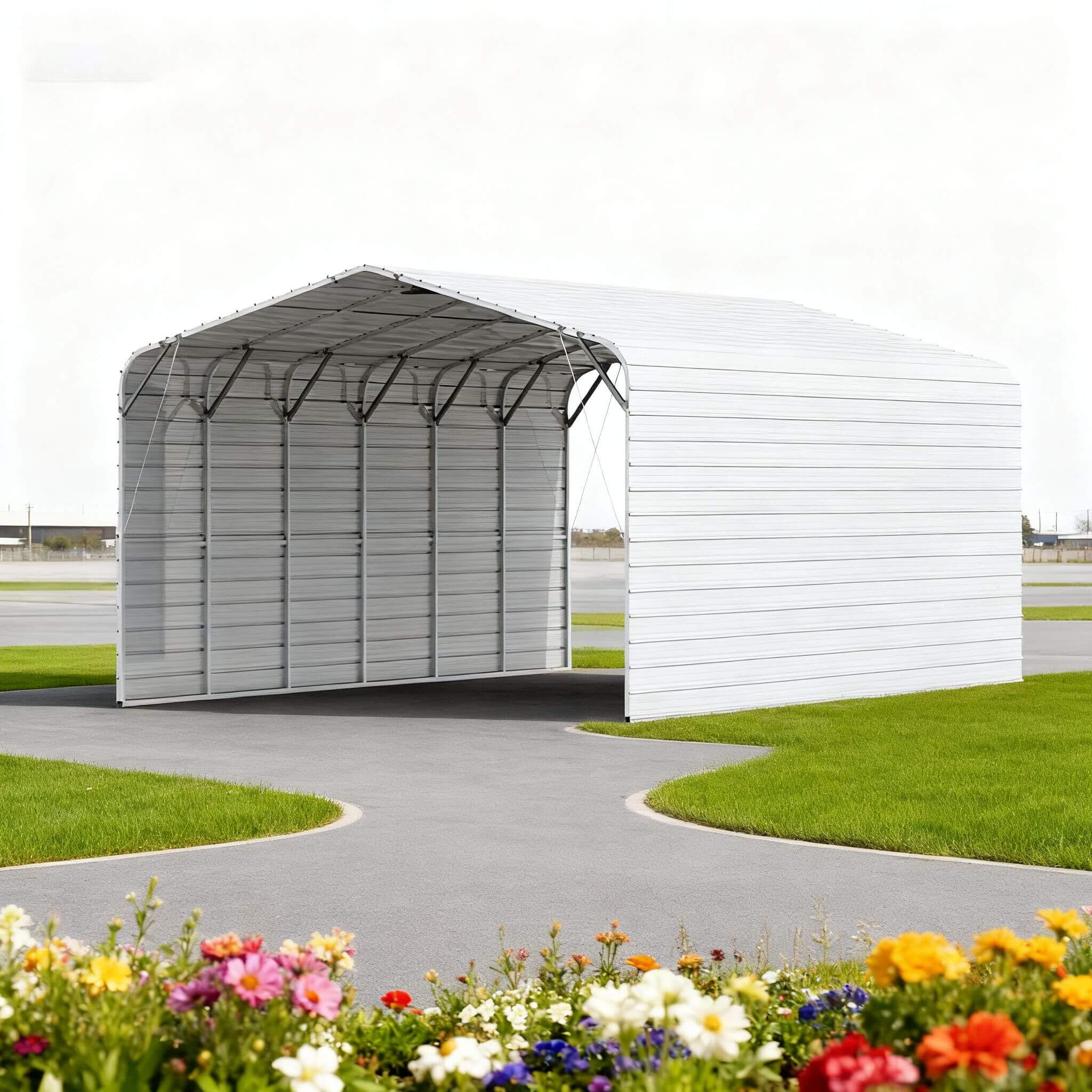 Heavy-duty outdoor galvanized steel carport measuring 20x30 feet by SAKSBY WHOLESALE, suitable for vehicle protection.