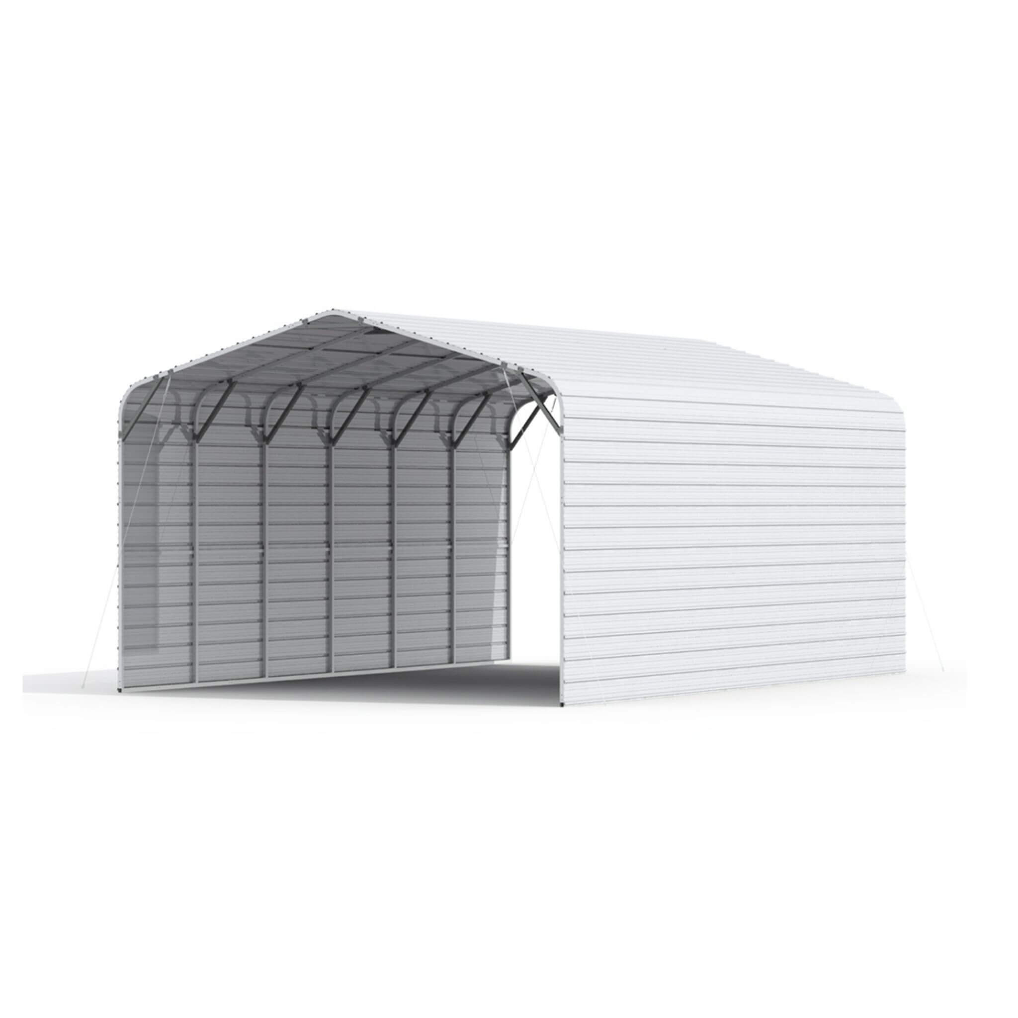 Side view of a 20x30ft heavy-duty outdoor galvanized steel carport by SAKSBY WHOLESALE, providing durable outdoor shelter.