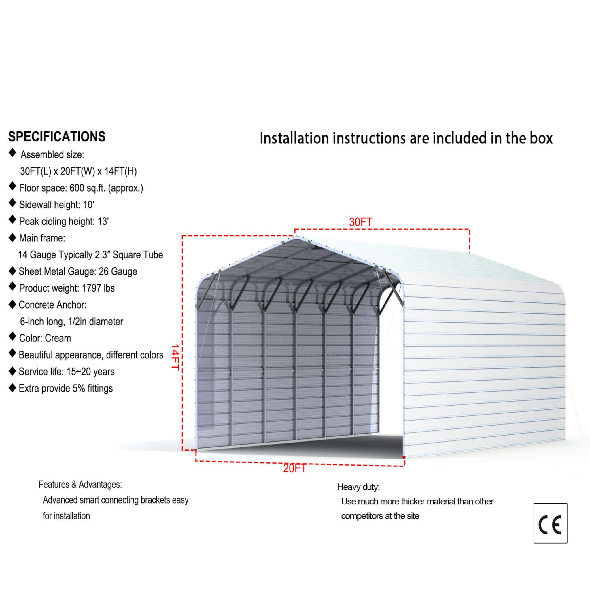 20x30ft heavy-duty outdoor galvanized steel carport by SAKSBY WHOLESALE, providing durable shelter for vehicles outdoors.