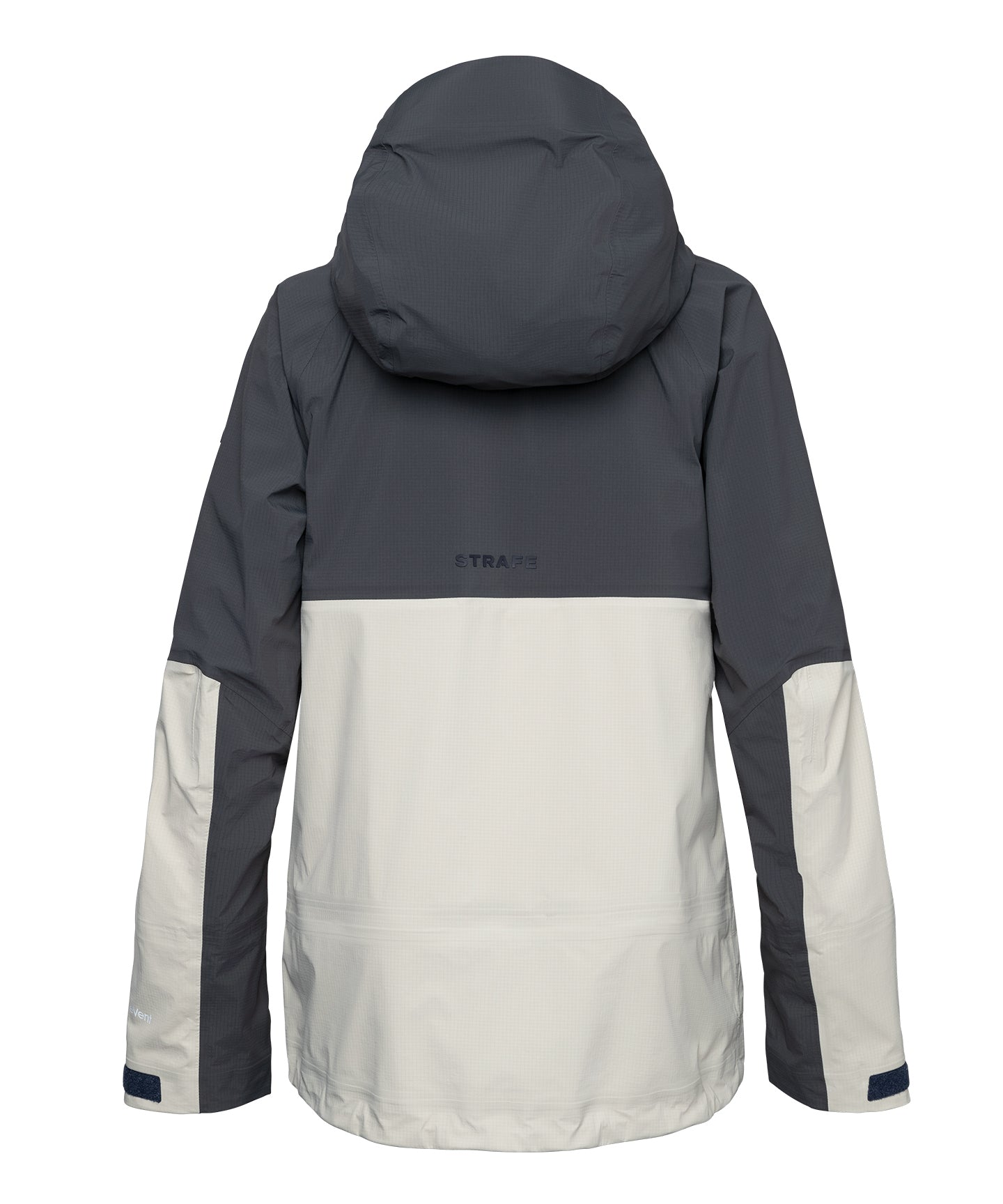 Light khaki Strafe Outerwear Meadow 3L shell jacket with hood and zip pockets, designed for outdoor activities.