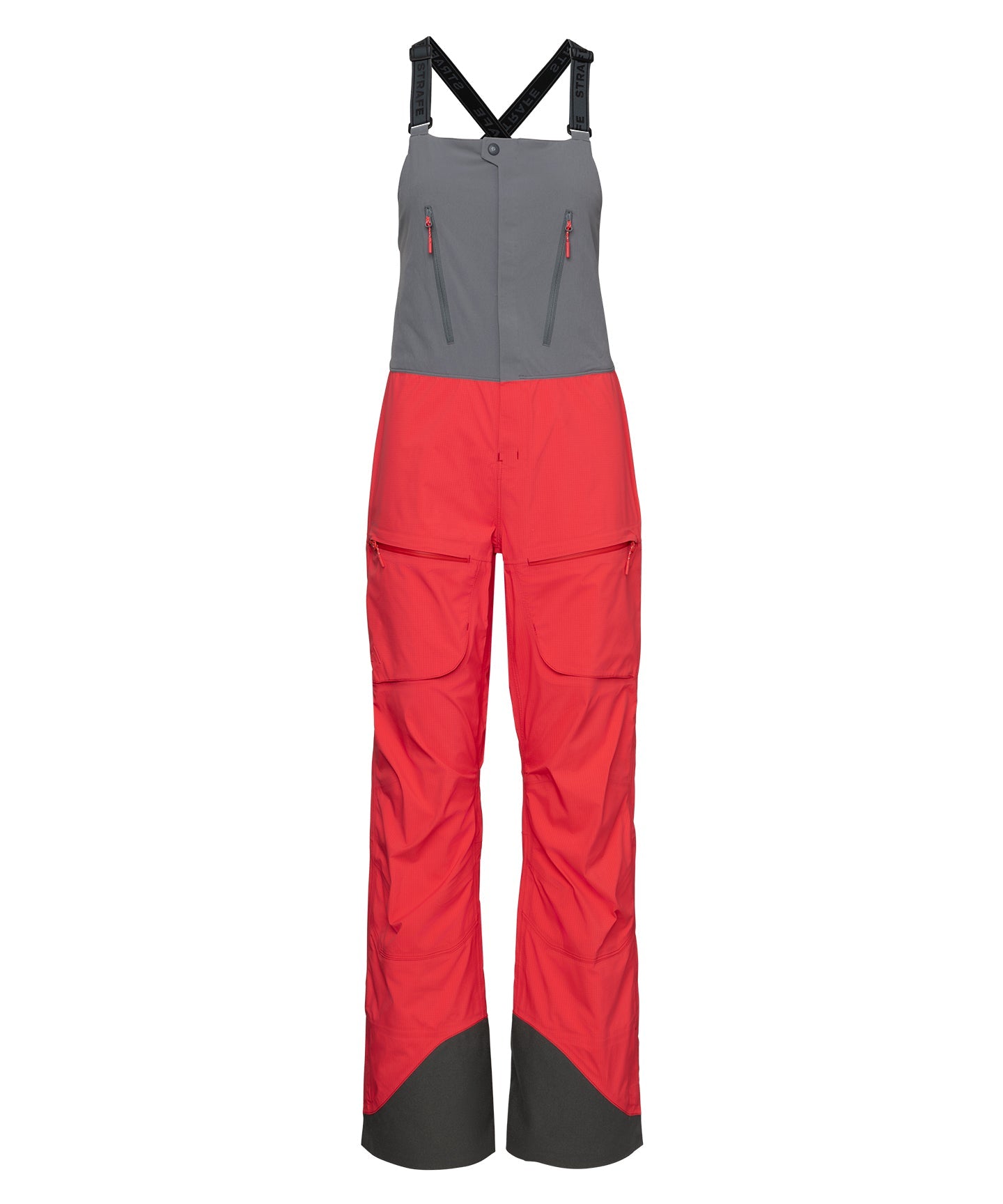 Strafe Outerwear Scarlett 3L Shell Bib pants in vibrant hibiscus color, showcasing adjustable straps and waterproof design.