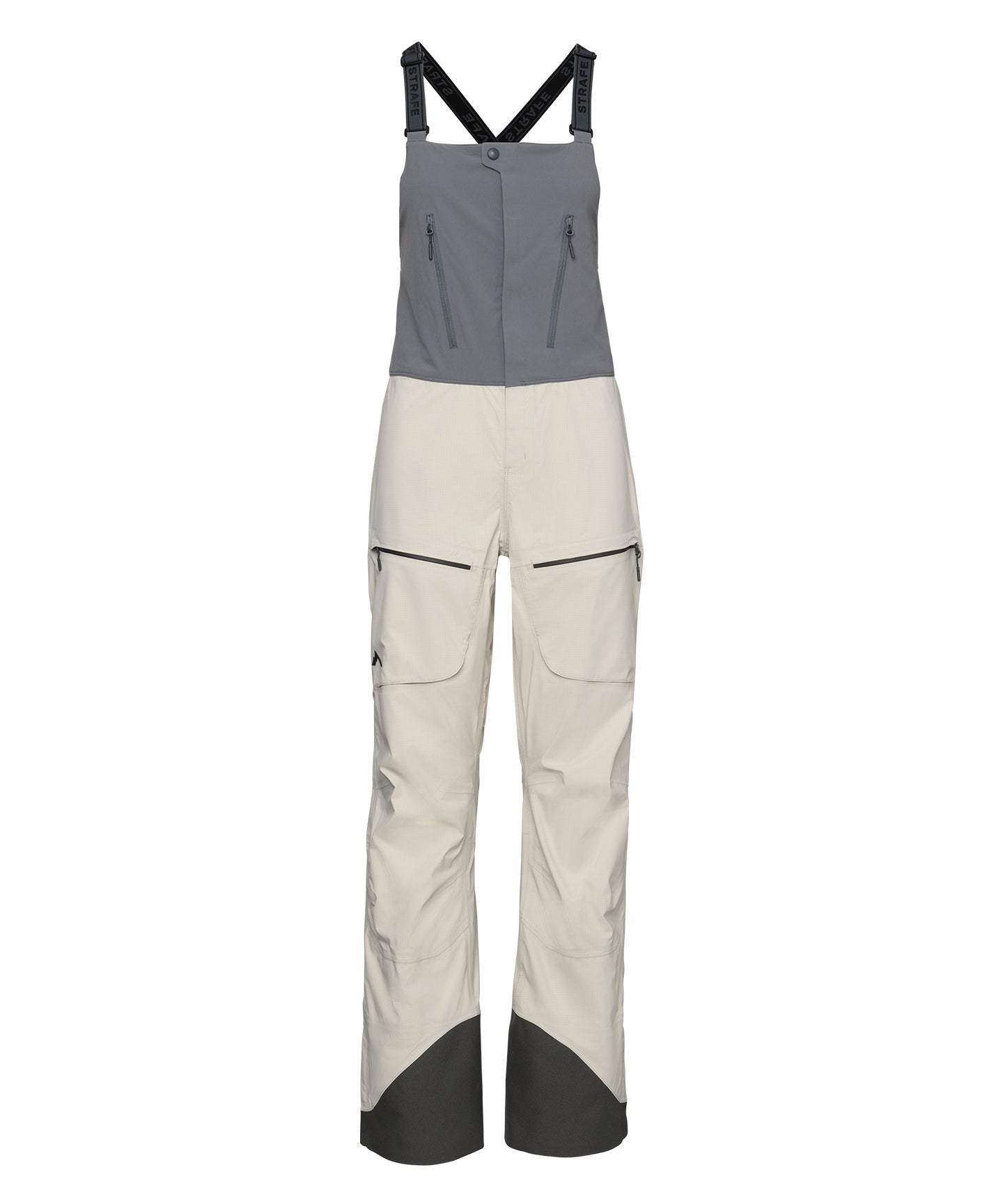Light khaki Strafe Outerwear Scarlett 3L Shell Bib pants displayed on a flat surface showcasing their waterproof fabric and design.
