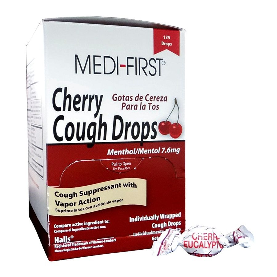Cherry-flavored cough drops in a box, 125 pieces, from Quakekits.com, used for soothing sore throats and cough relief.
