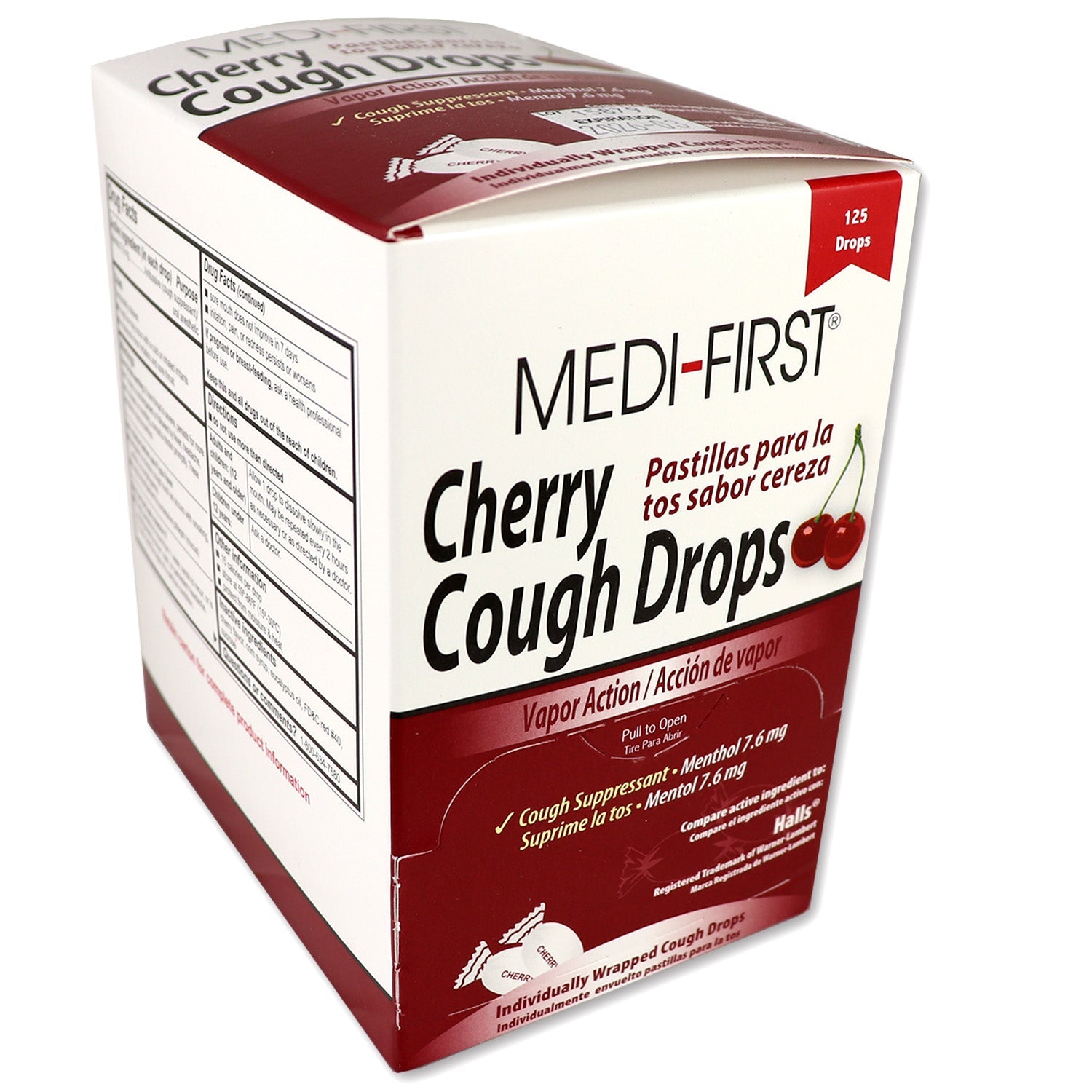 Cherry-flavored cough drops by quakekits.com in a box, featuring 125 medicated lozenges for sore throat relief.
