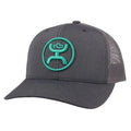 Grey and teal HOOey "O Classic" trucker cap with mesh back and curved brim, stylish headwear by HatCountry.
