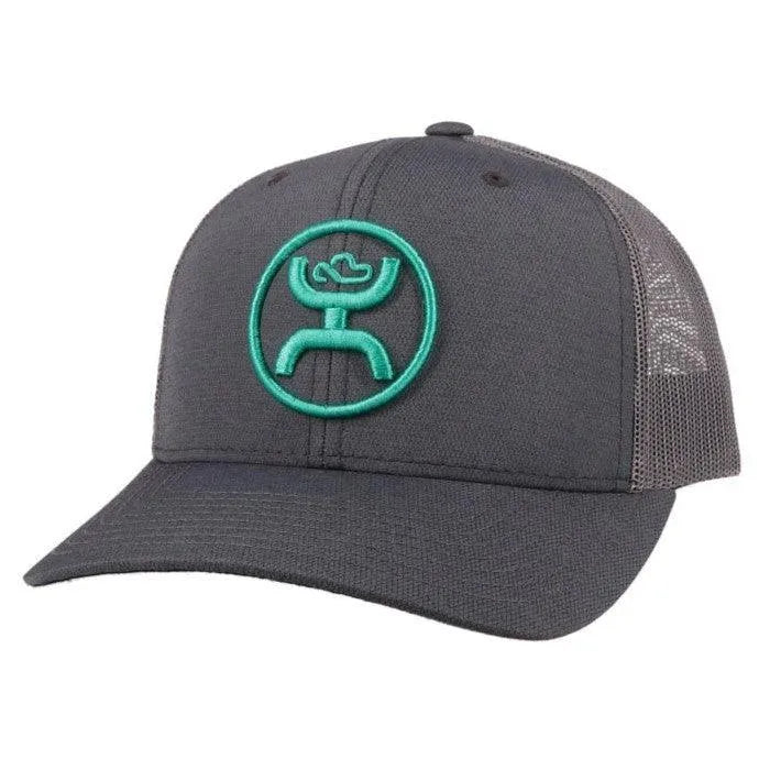 Grey and teal HOOey "O Classic" trucker cap with mesh back and curved brim, stylish headwear by HatCountry.