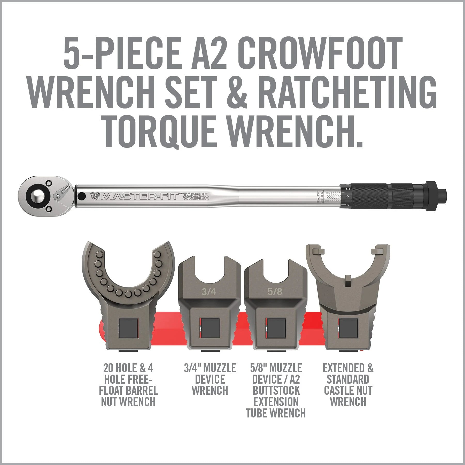 HCC Tactical Master-Fit A2/AR15 Crowfoot Wrench Set for cleaning and maintenance, showcasing various wrench sizes.
