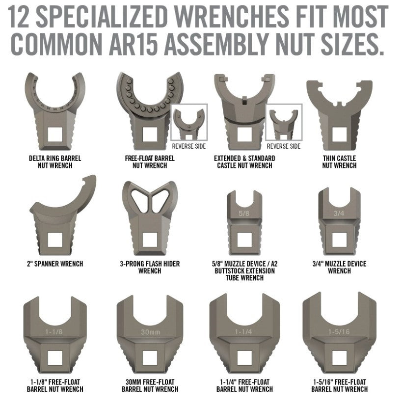 HCC Tactical Master Fit Wrench Heads for cleaning and maintenance, showcasing various sizes and designs in the image.