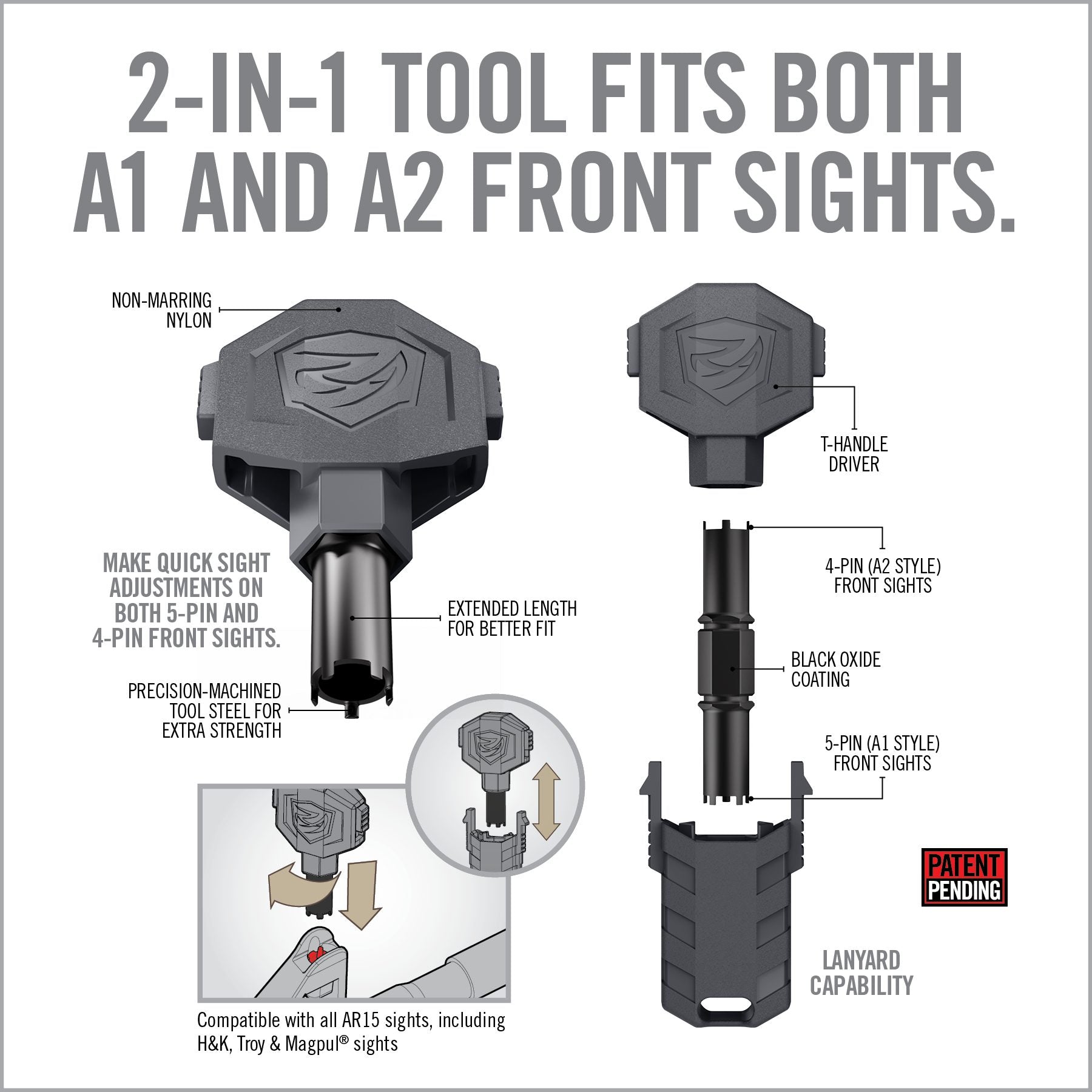 HCC Tactical Front Sight Adjuster Pro for precise firearm cleaning and maintenance, showcasing its ergonomic design.