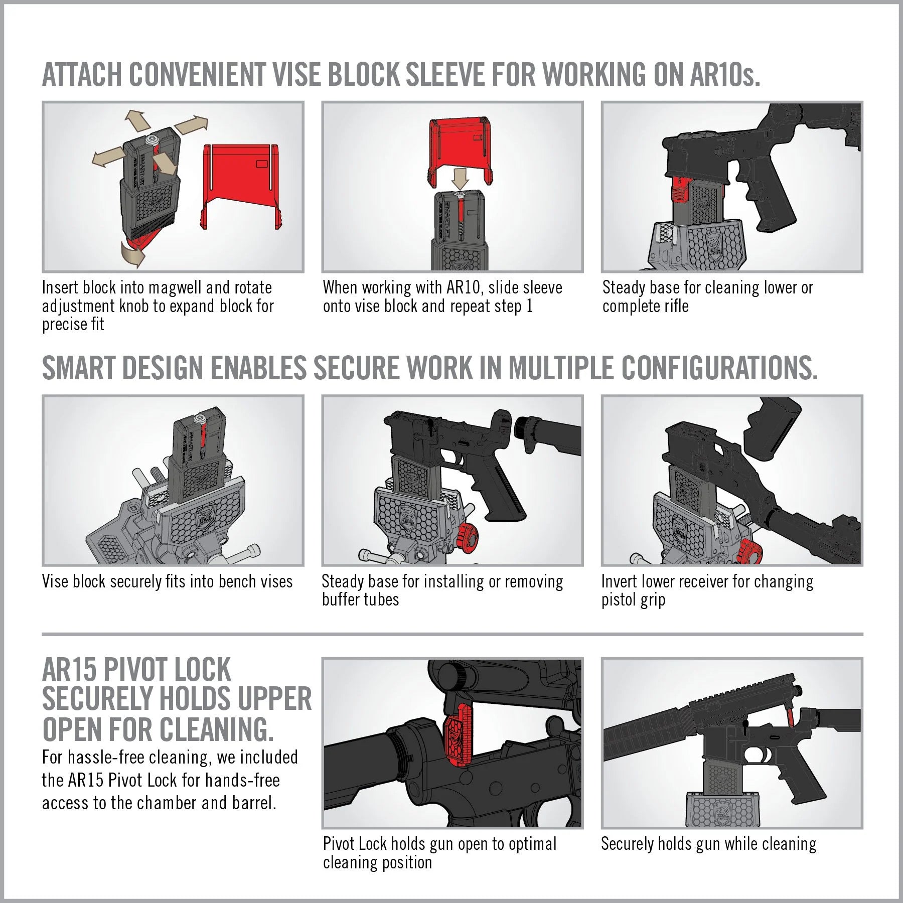 HCC Tactical Smart-Fit AR15 vise block with sleeve designed for AR10 cleaning and maintenance.