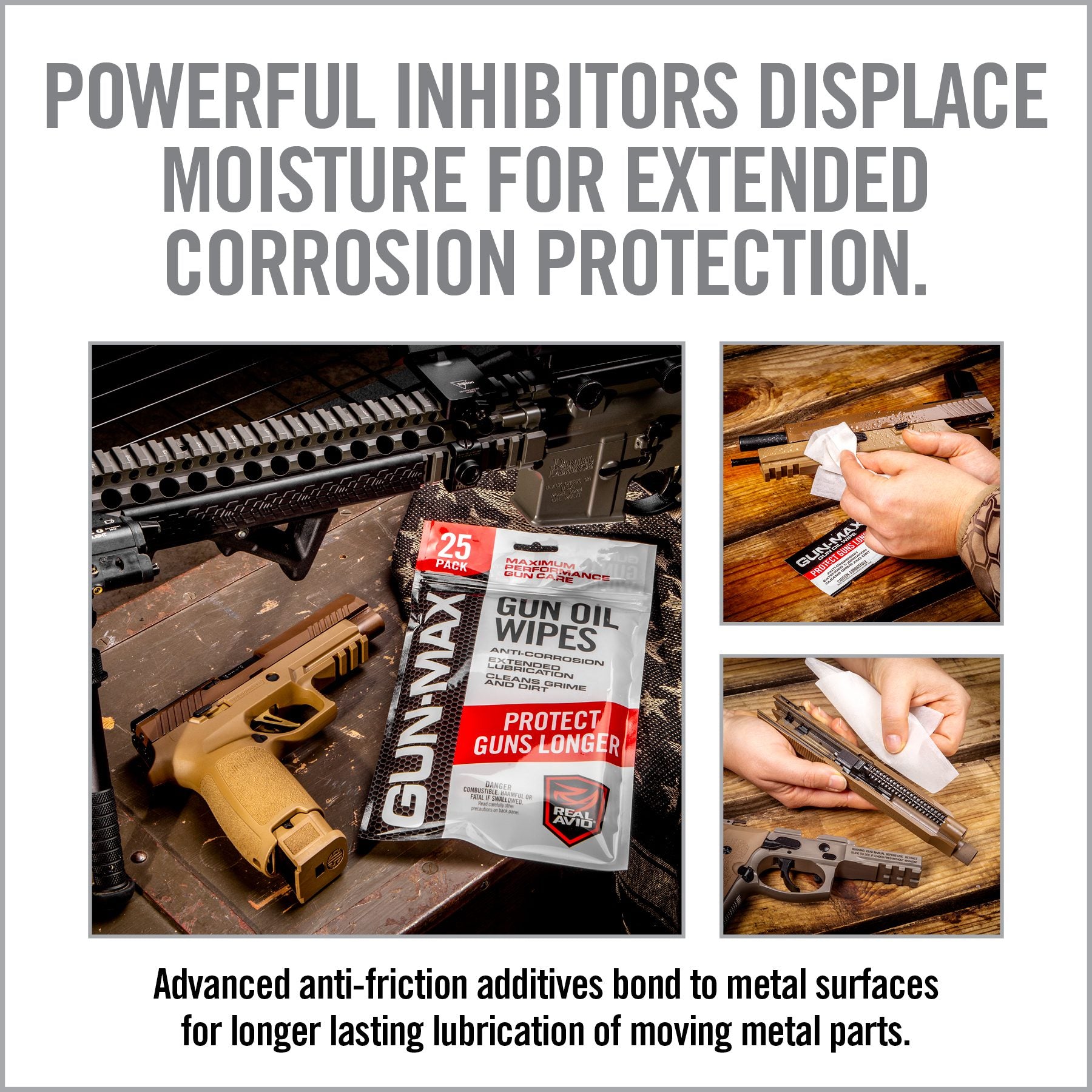 HCC Tactical Gun-Max Gun Oil Wipes in a 25 pack, showcasing the wipes and packaging for firearm cleaning and maintenance.