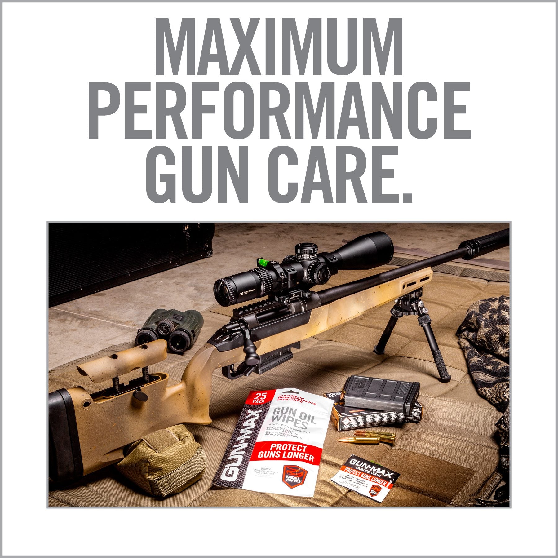 HCC Tactical Gun-Max Gun Oil Wipes in a 25 pack for firearm cleaning and maintenance, displayed in a neat arrangement.