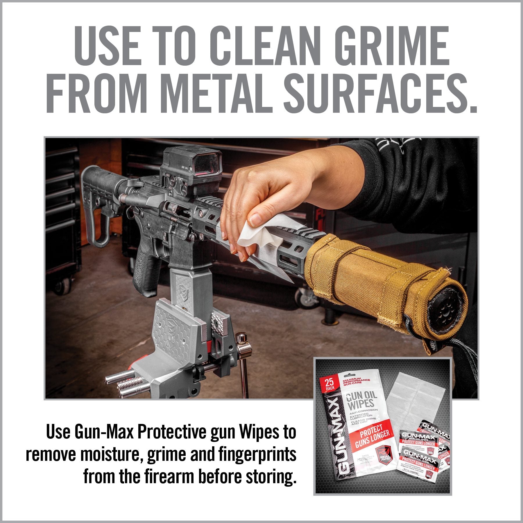 HCC Tactical Gun-Max Gun Oil Wipes in a 25 pack, showcasing the packaging and wipes for firearm cleaning and maintenance.