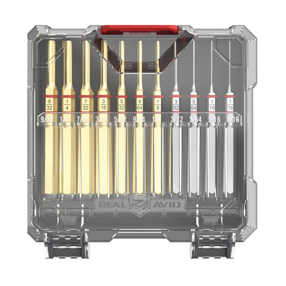 HCC Tactical Accu-Punch 11-piece brass and steel pin punch set for cleaning and maintenance tasks, displayed on a workbench