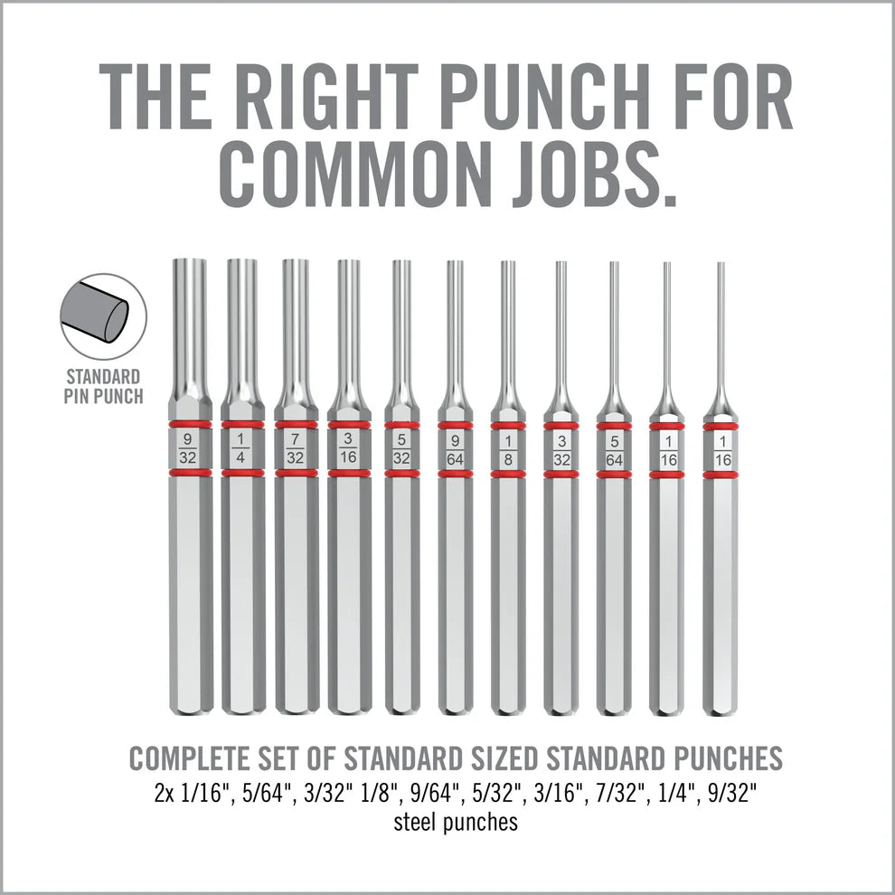 HCC Tactical Accu-Punch 11-Piece Pin Punch Set displayed on a workbench with various punch sizes visible.