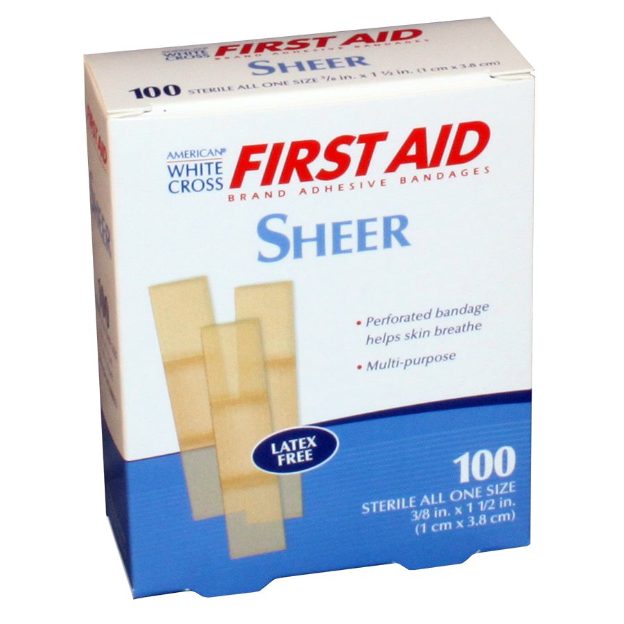 Junior plastic bandage by quakekits.com, 3/8" x 1 1/2" adhesive wound wrap, 100 per box, suitable for minor injuries.