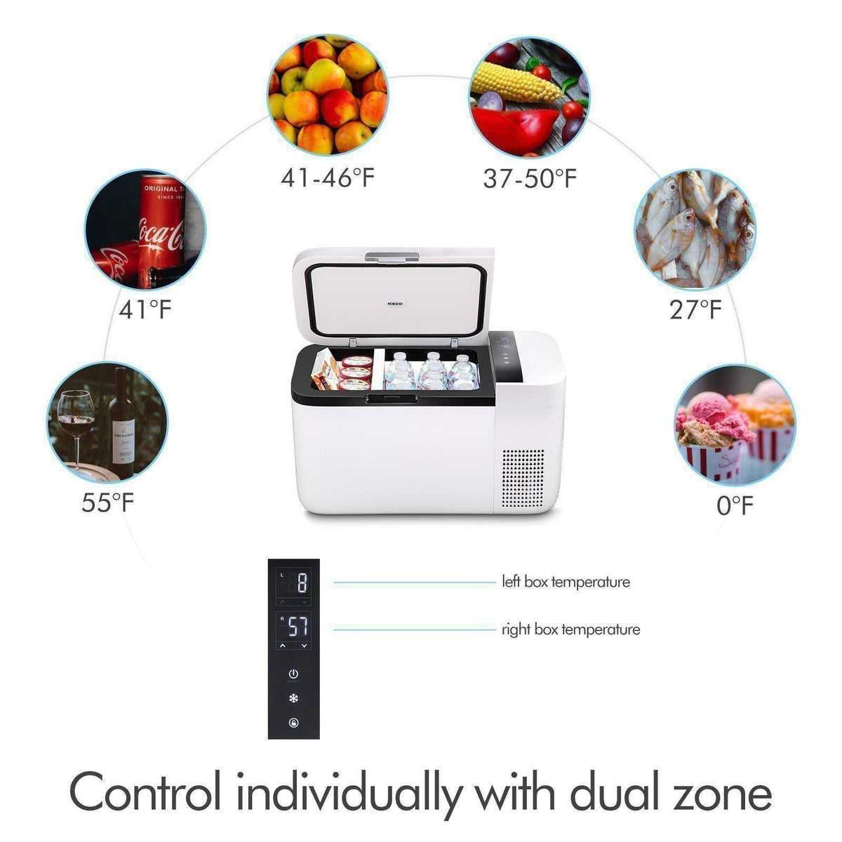 ICECO GO20 Dual Zone 12V portable freezer with 20L capacity, white compact refrigerator for outdoor and travel use.