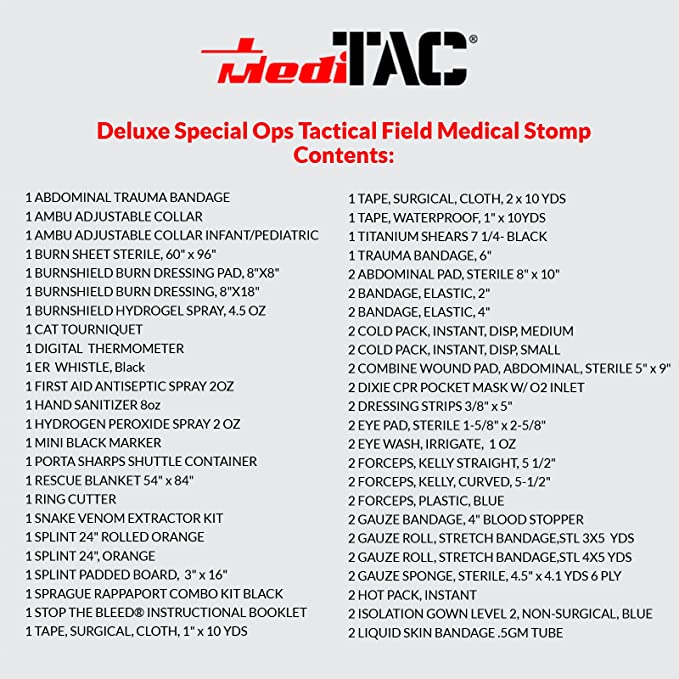 Deluxe Tactical Medical Kit by MediTac Kits featuring a CAT tourniquet and bleeding control supplies in a first responder bag.