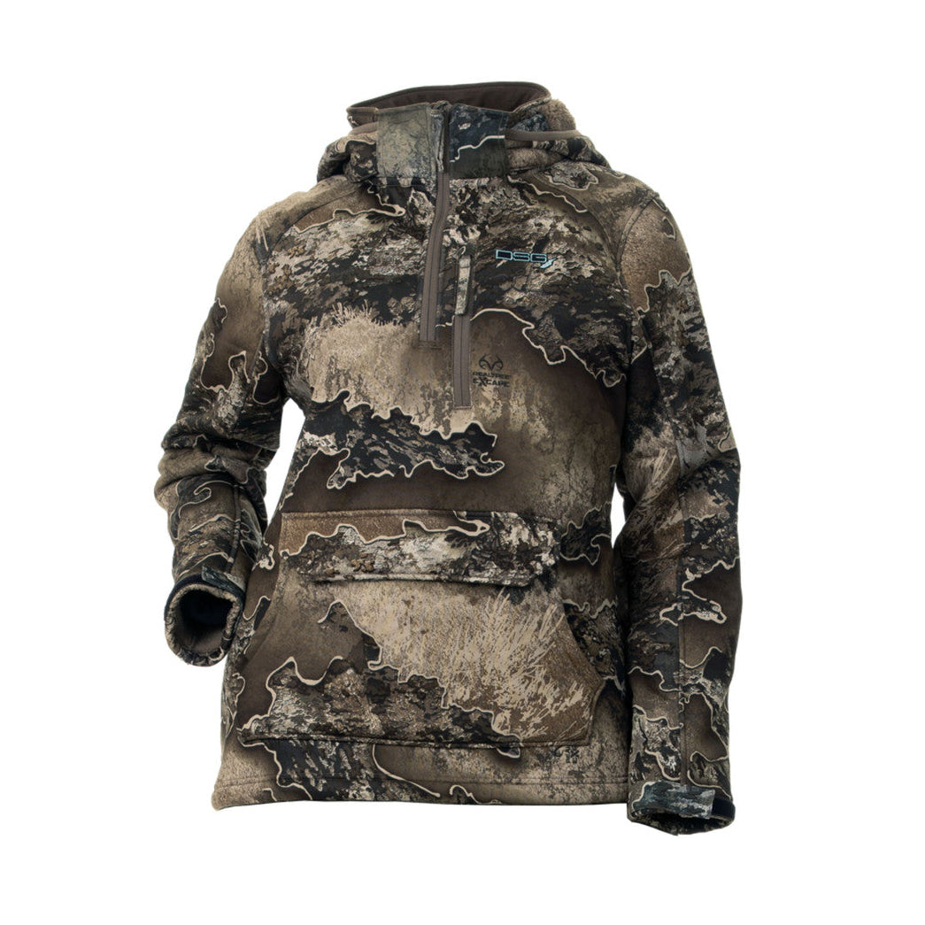 Light gray Breanna 2.0 Pullover by DSG OUTERWEAR displayed on a hanger, showcasing its soft fabric and casual style.