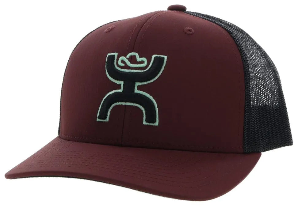 Maroon and black HOOey Sterling trucker cap with mesh back and curved brim, casual headwear for outdoor and everyday style.