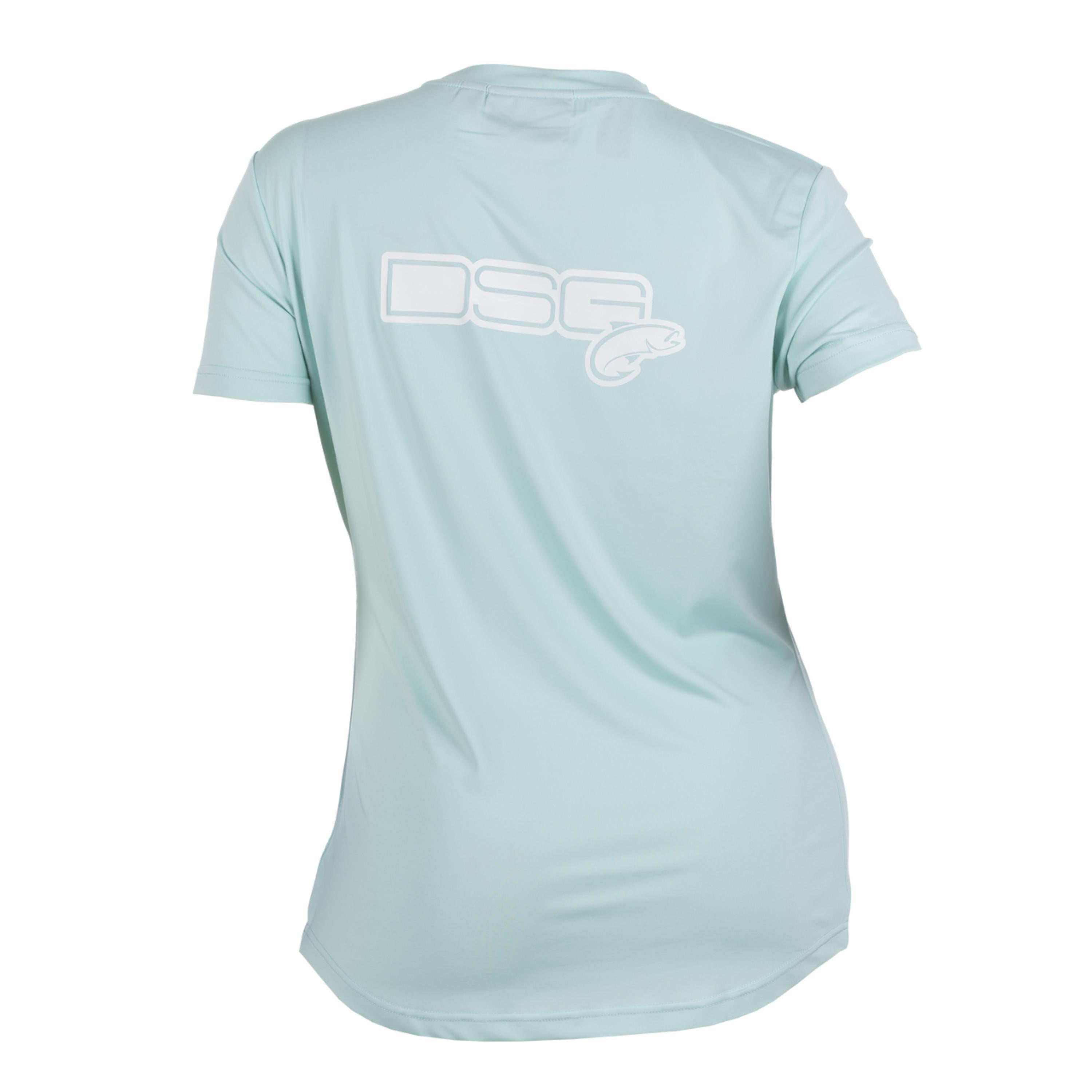 Blue fitted short sleeve shirt from DSG OUTERWEAR with UPF 50+ sun protection, displayed on a plain background.