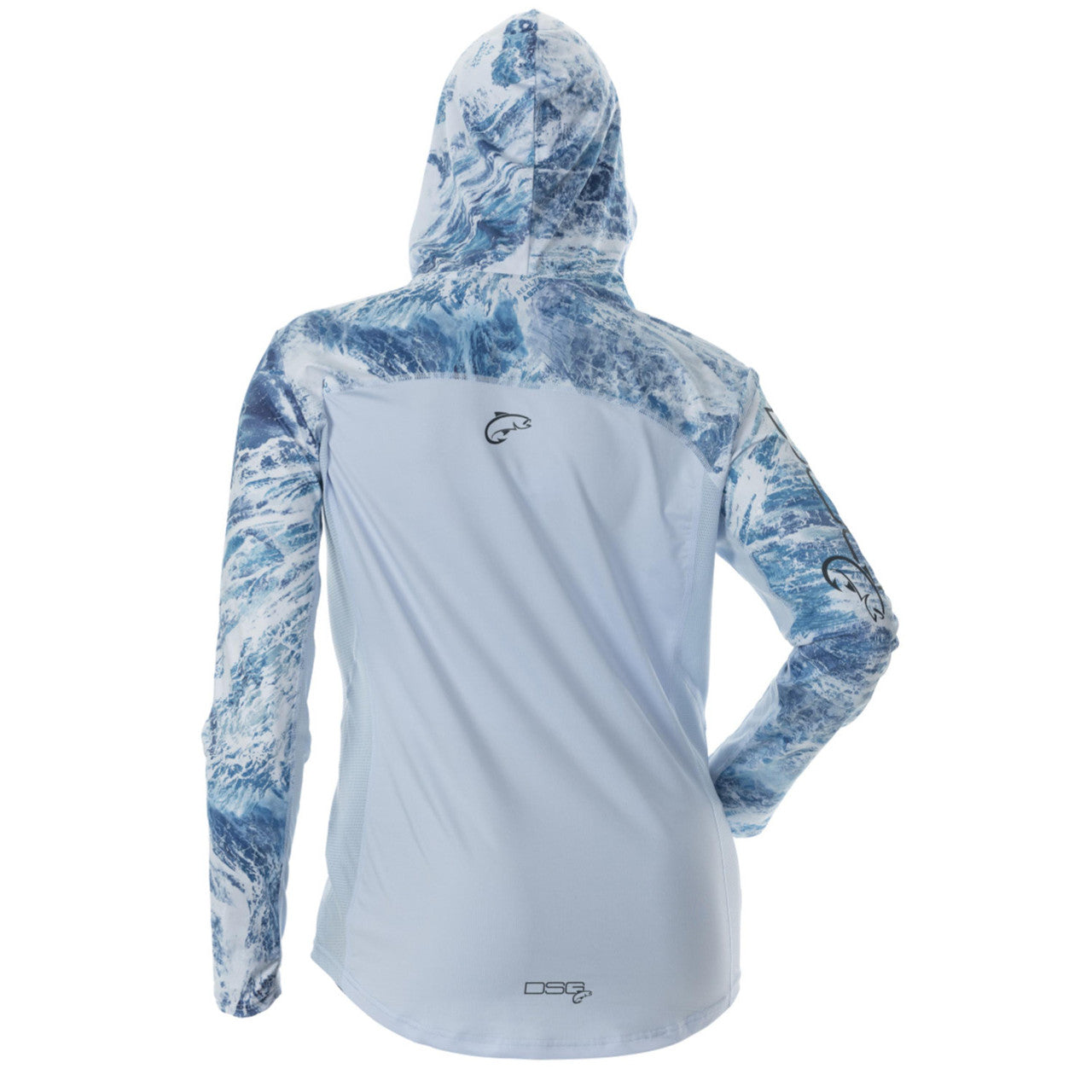 Chloe Hooded Shirt by DSG OUTERWEAR with UPF 50+ sun protection, shown in a casual outdoor setting with a hood and lightweight fabric.