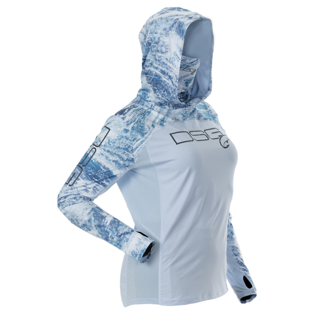Chloe hooded shirt by DSG OUTERWEAR with UPF 50+ sun protection, shown with a front view and lightweight fabric detail.