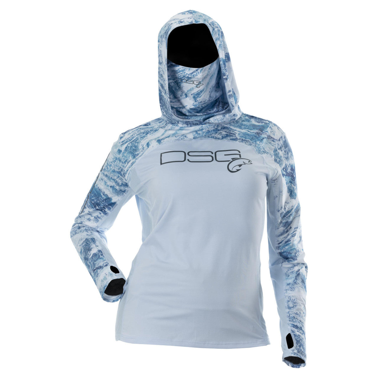 DSG OUTERWEAR Chloe hooded shirt with UPF 50+ sun protection, shown in a stylish, lightweight fabric with a hood and button front.
