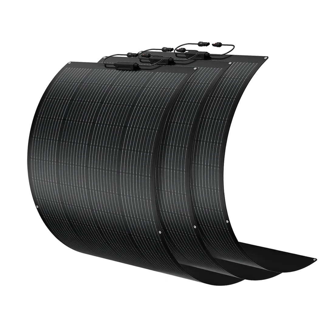 Green Vista Living BougeRV Arch 200W fiberglass flexible curved solar panel installed outdoors with a blue sky background.