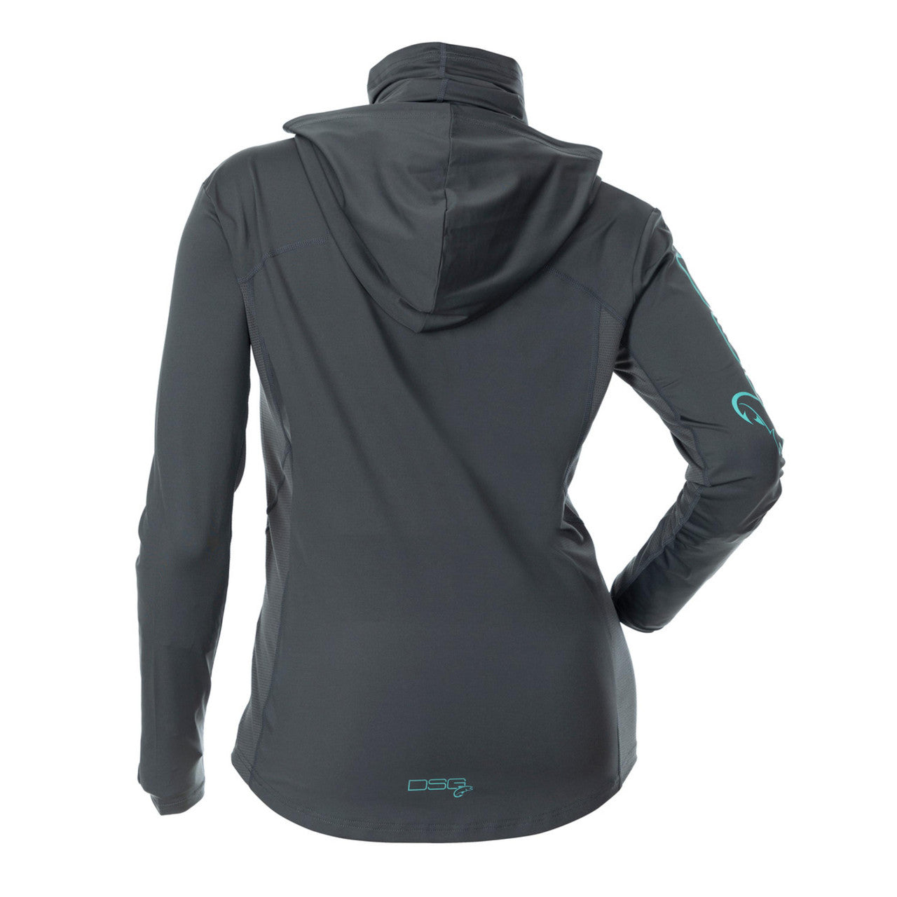 Chloe Hooded Shirt by DSG OUTERWEAR with UPF 50+, featuring a lightweight fabric and hood, displayed on a hanger.