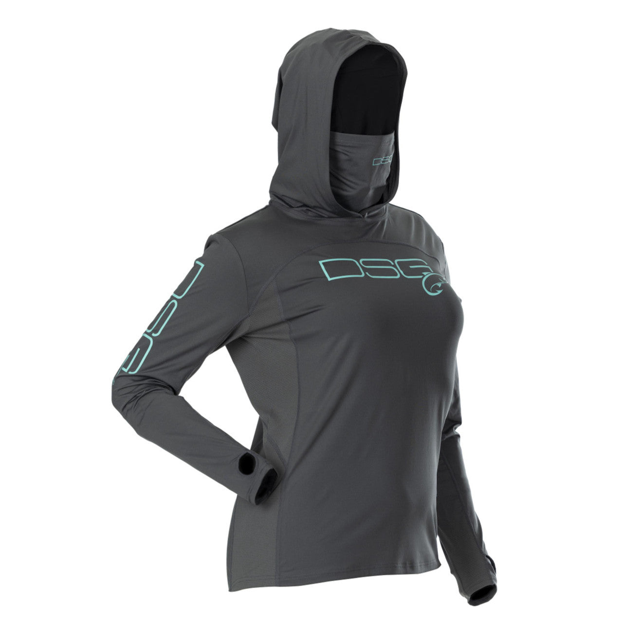 DSG OUTERWEAR Chloe Hooded Shirt with UPF 50+ fabric, shown in a close-up of the hood and front detail.