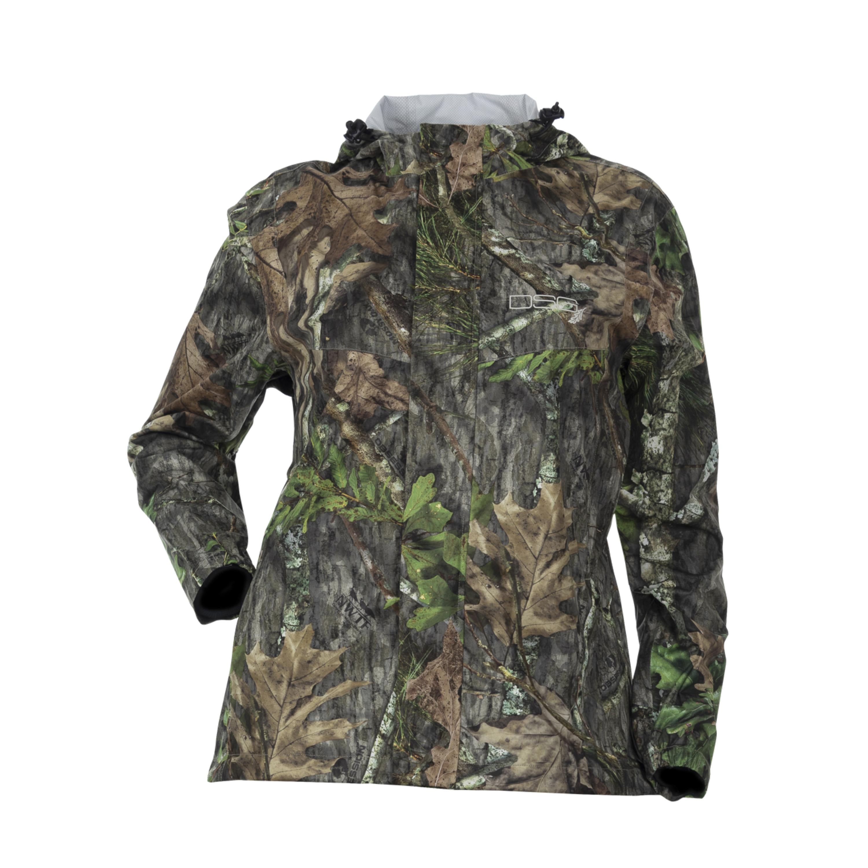 DSG OUTERWEAR Nova rain jacket in waterproof fabric, shown with hood and adjustable cuffs, ideal for wet weather protection.