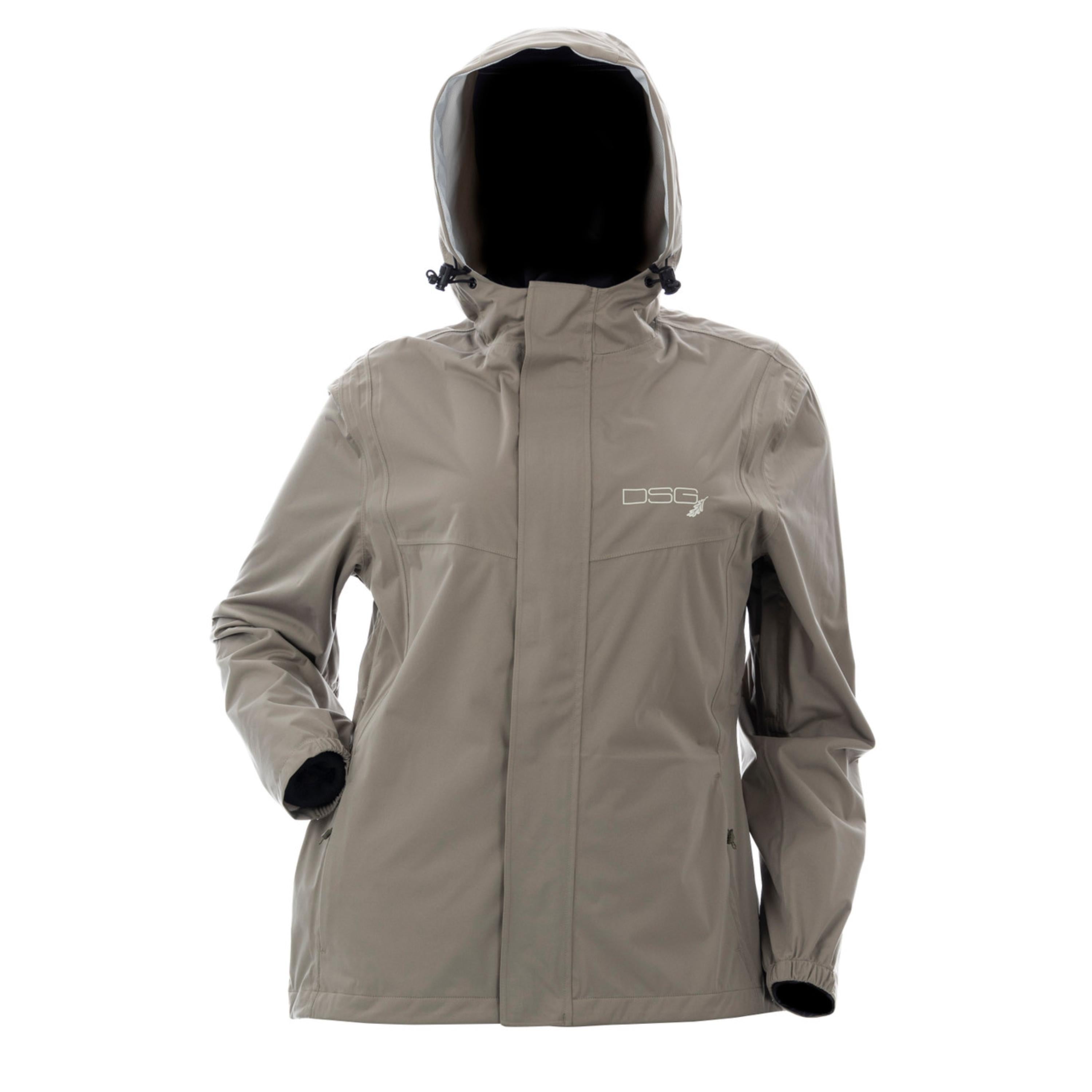 DSG Outerwear Nova rain jacket in waterproof fabric with a hood, zipper front, and adjustable cuffs for outdoor weather protection.