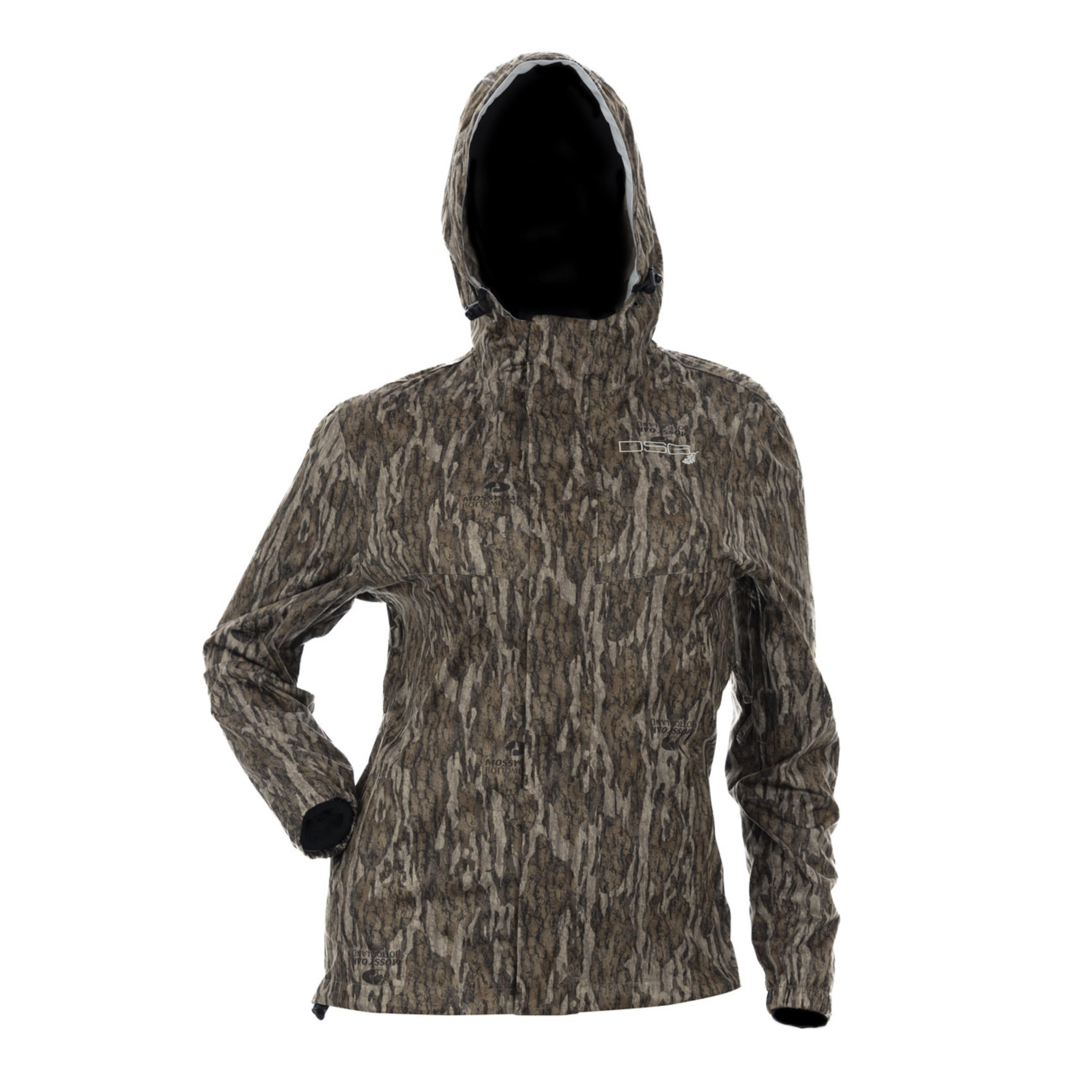 Dark blue Nova Rain Jacket by DSG Outerwear shown on a hanger, featuring a waterproof design and adjustable hood.